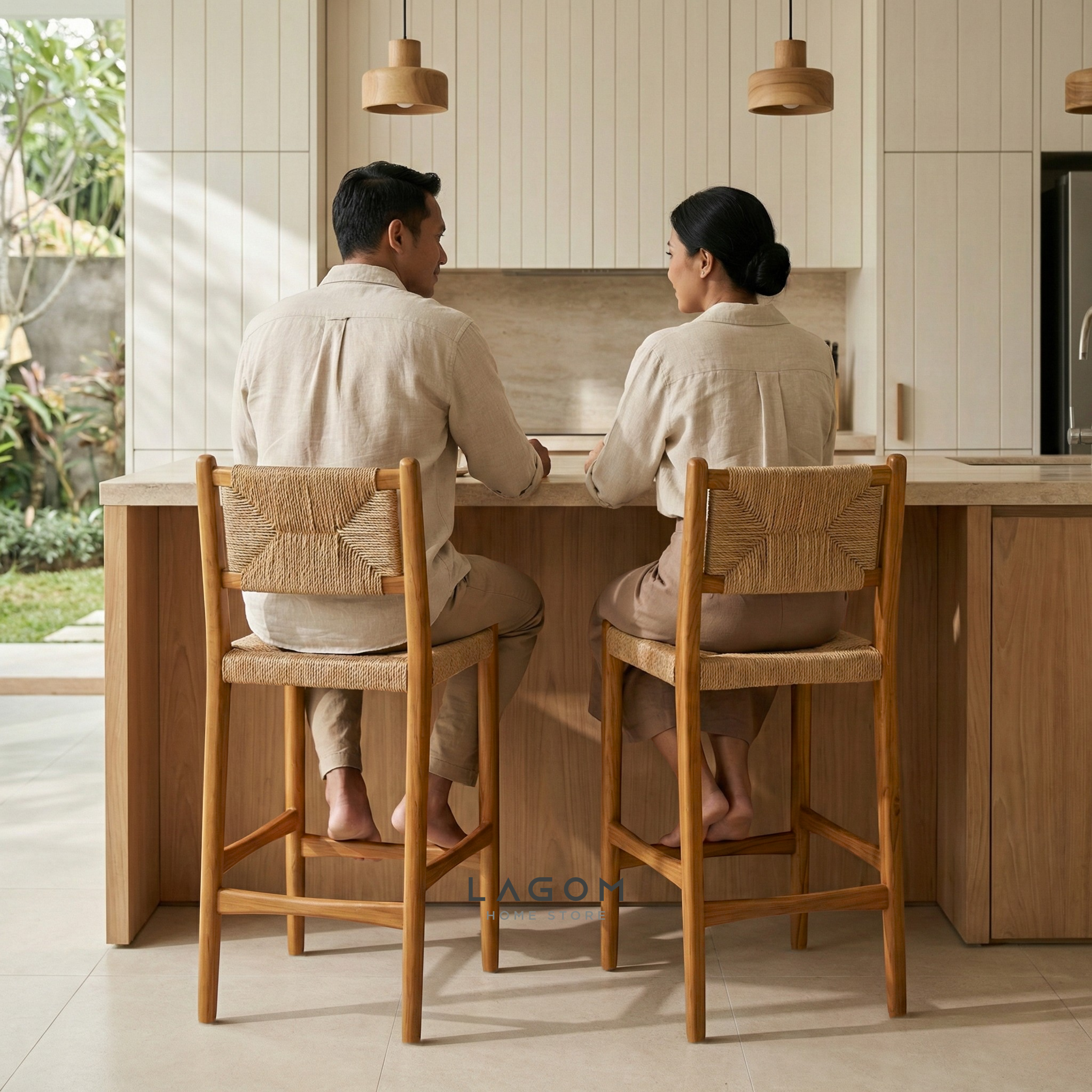 Artisan Bar Stool in Solid Teak & Handwoven Paper Loom Bar Stool Lagom Home Store Jati Furnitur Teak Furniture Jakarta