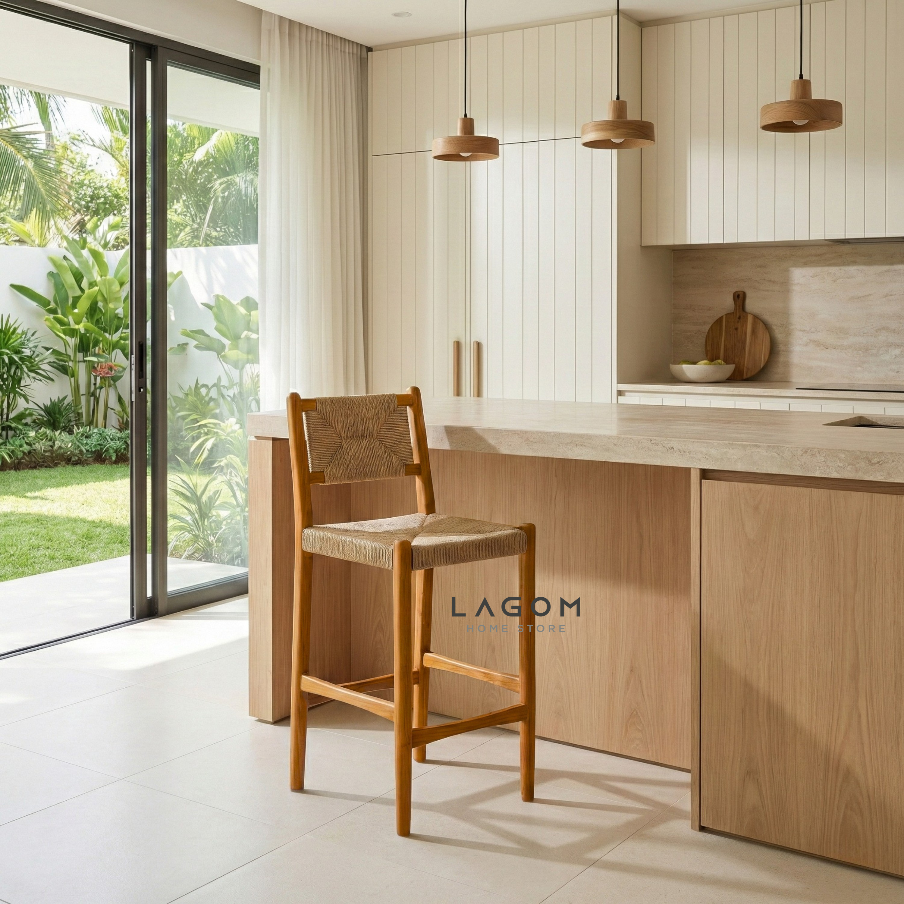Artisan Bar Stool in Solid Teak & Handwoven Paper Loom Bar Stool Lagom Home Store Jati Furnitur Teak Furniture Jakarta
