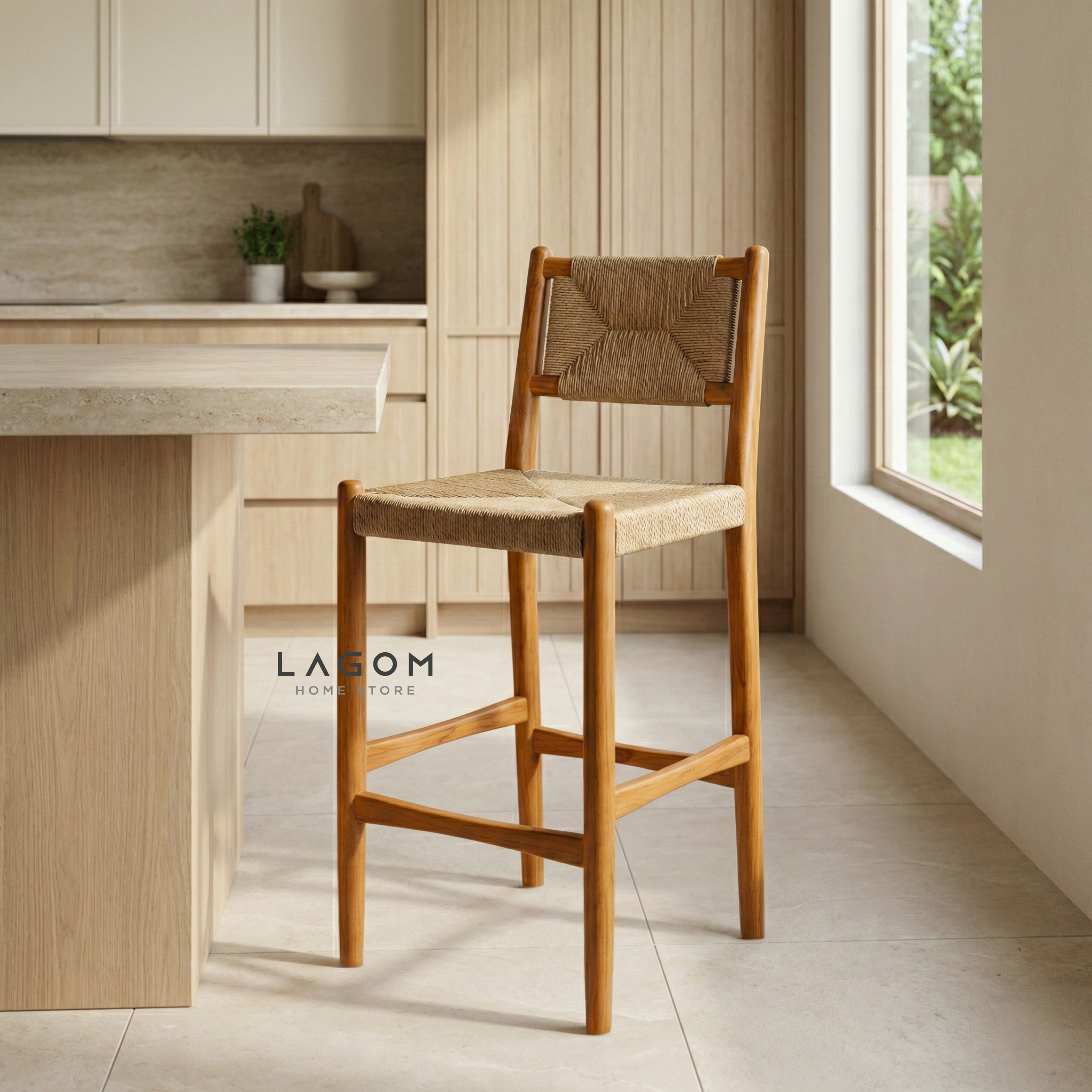 Artisan Bar Stool in Solid Teak & Handwoven Paper Loom Bar Stool Lagom Home Store Jati Furnitur Teak Furniture Jakarta