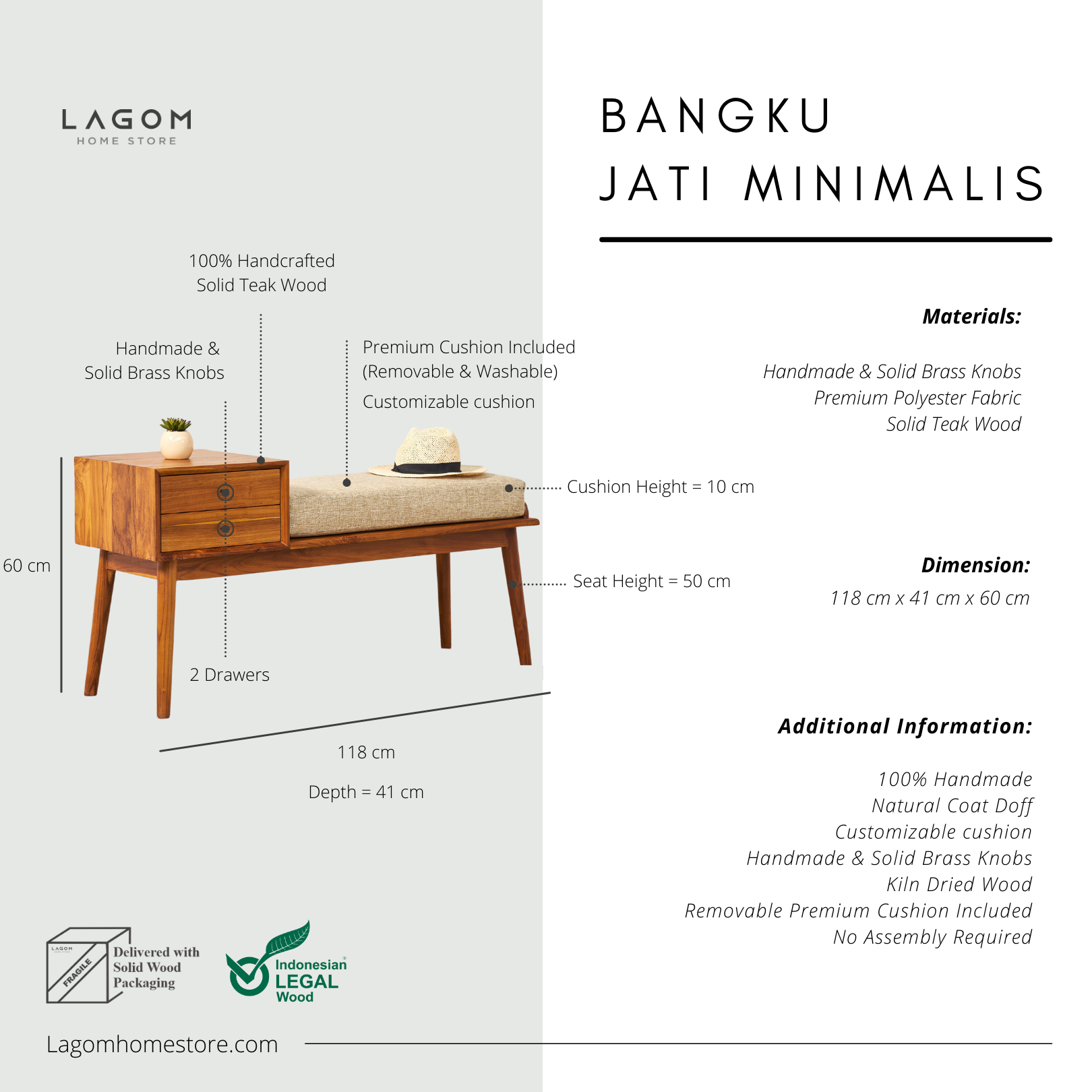 Bangku 2 Laci dari Kayu Jati dengan Cushion Premium Storage Benches Lagom Home Store Jati Furnitur Teak Furniture Jakarta