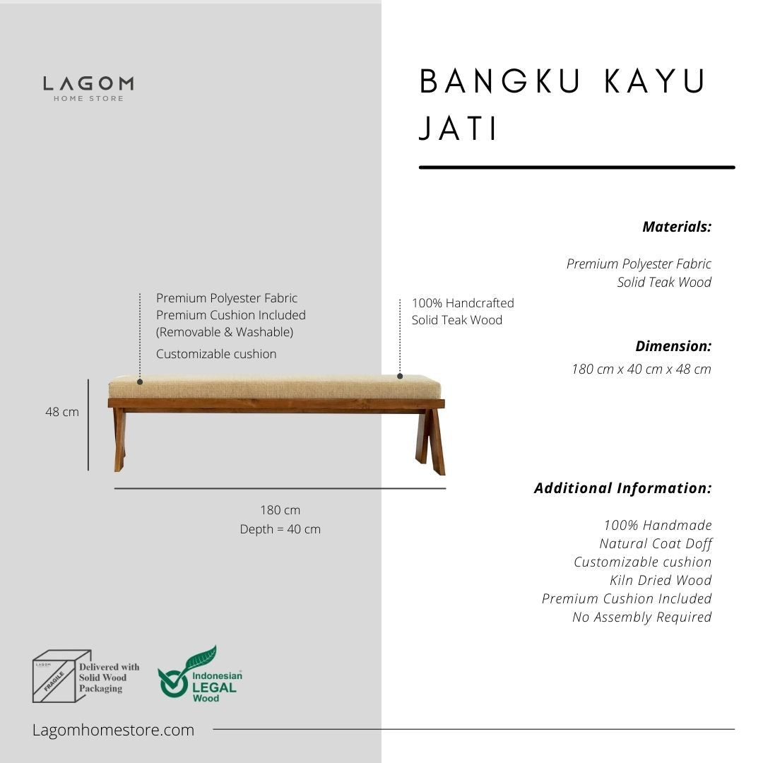 Bangku Elegan dari Kayu Jati Solid - 180 cm Bench Seat Lagom Home Store Jati Furnitur Teak Furniture Jakarta