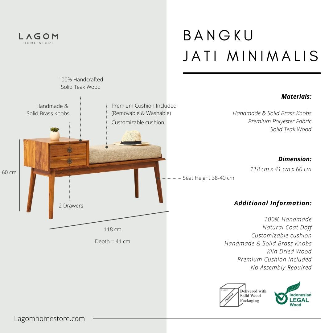 Bangku Jati Minimalis dengan Tempat Penyimpanan Storage Benches Lagom Home Store Jati Furnitur Teak Furniture Jakarta