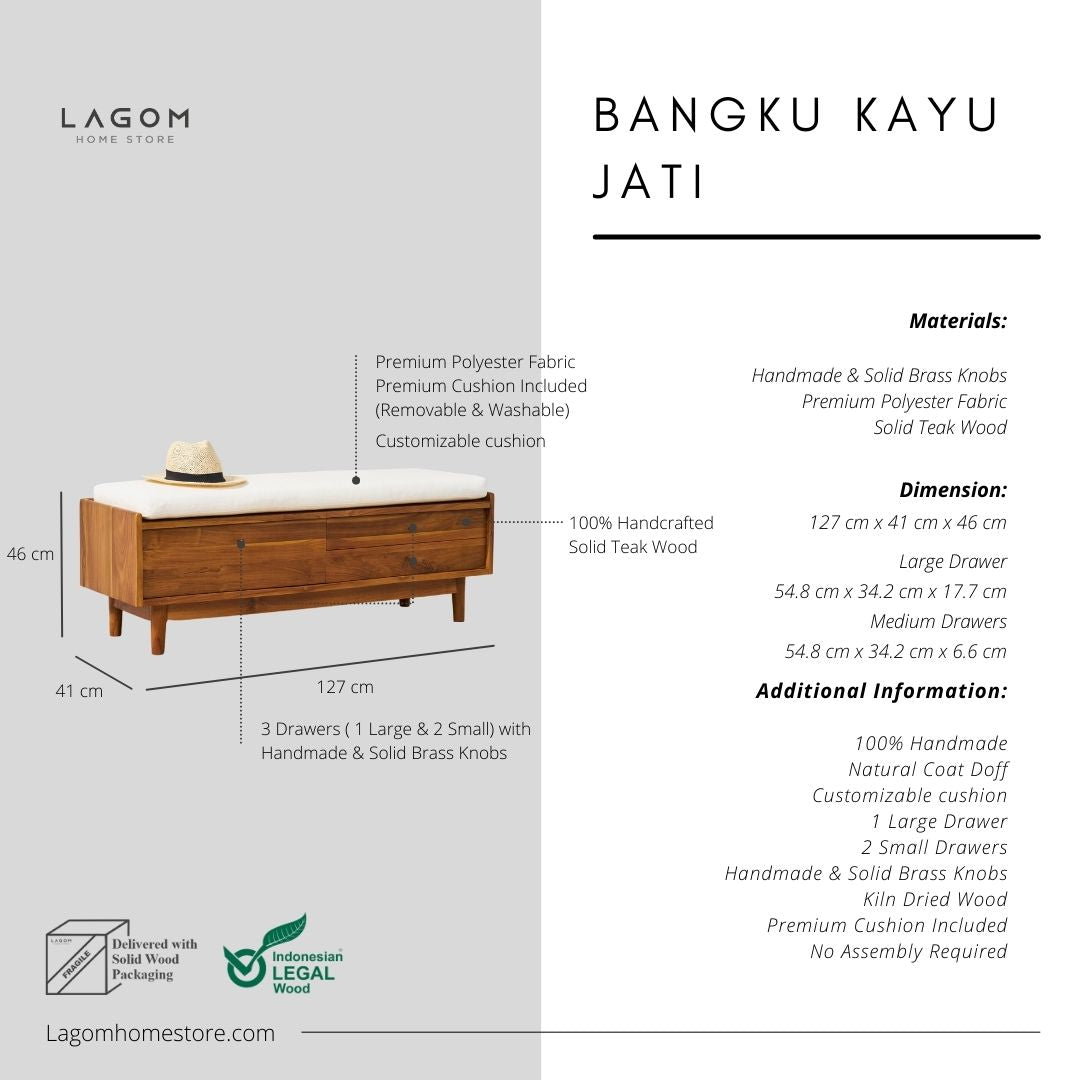 Bangku Kayu Jati dengan Tiga Laci Kokoh Bench Seat Lagom Home Store Jati Furnitur Teak Furniture Jakarta