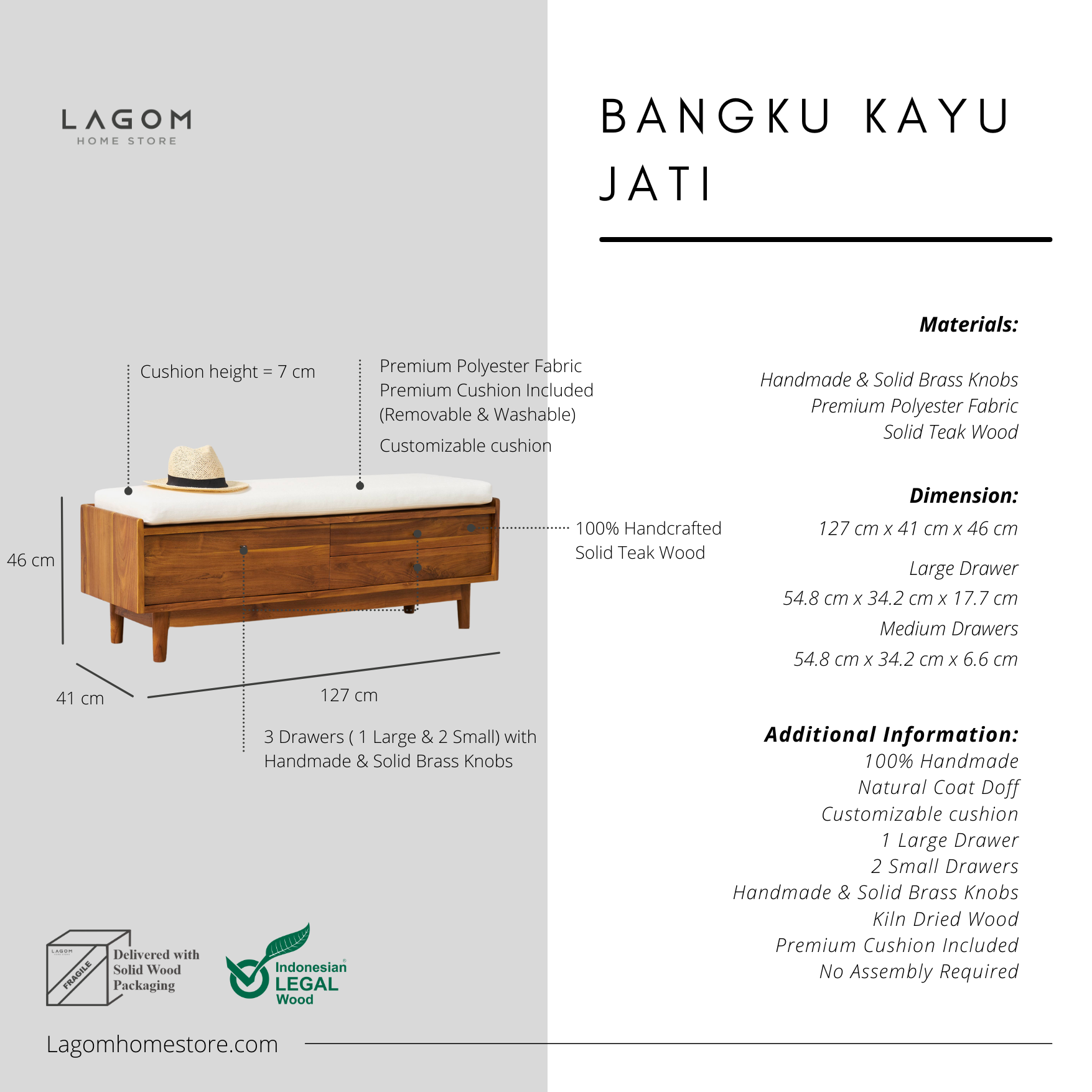 Bangku Kayu Jati Eksklusif dengan 3 Laci Bench Seat Lagom Home Store Jati Furnitur Teak Furniture Jakarta