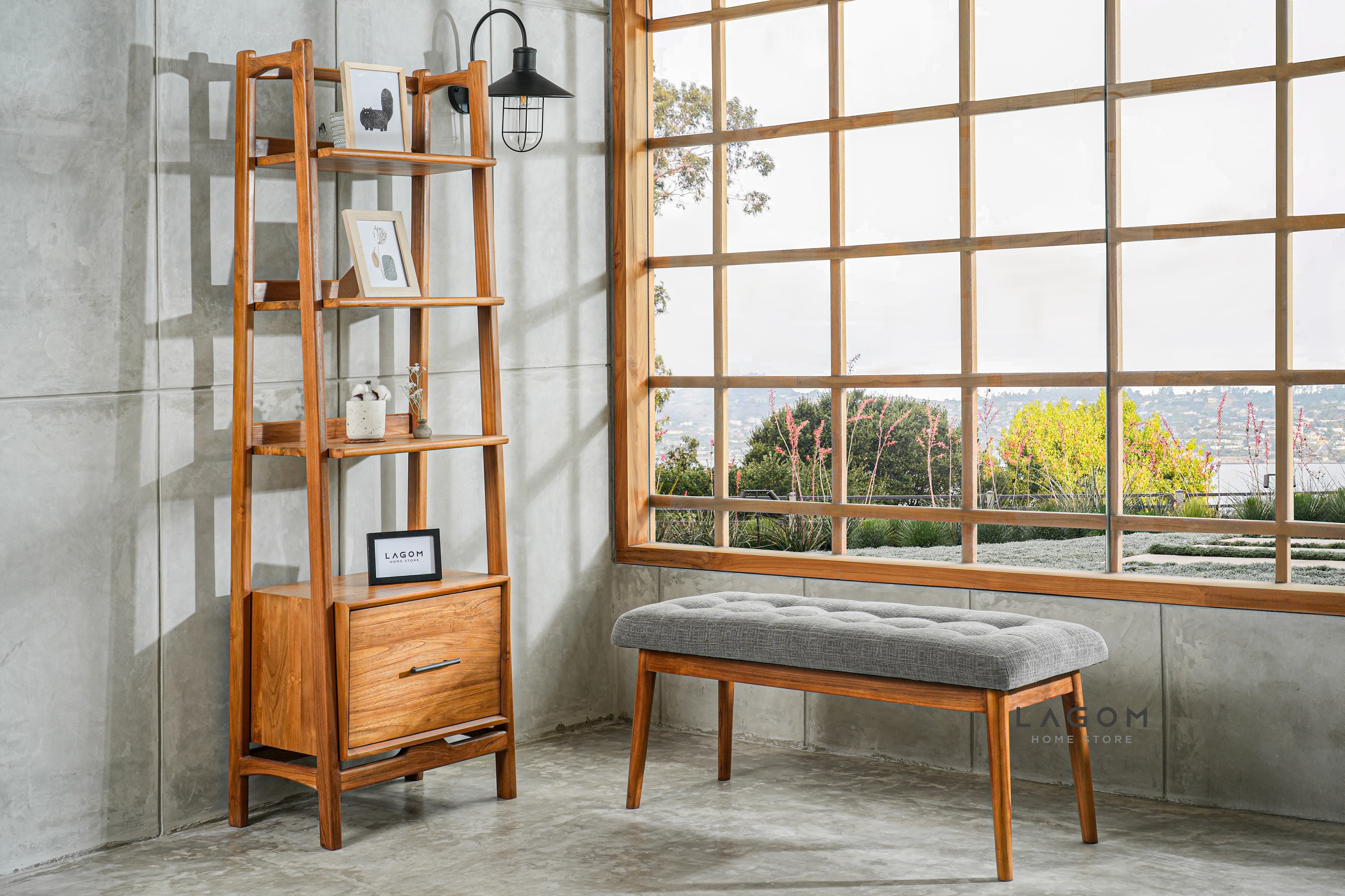 Bangku Kayu Jati Solid dengan Cushion Premium Bench Seat Lagom Home Store Jati Furnitur Teak Furniture Jakarta