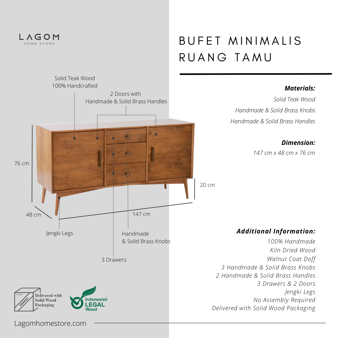 Bufet Kayu Jati dengan 2 Pintu dan 3 Laci Buffet Lagom Home Store Jati Furnitur Teak Furniture Jakarta