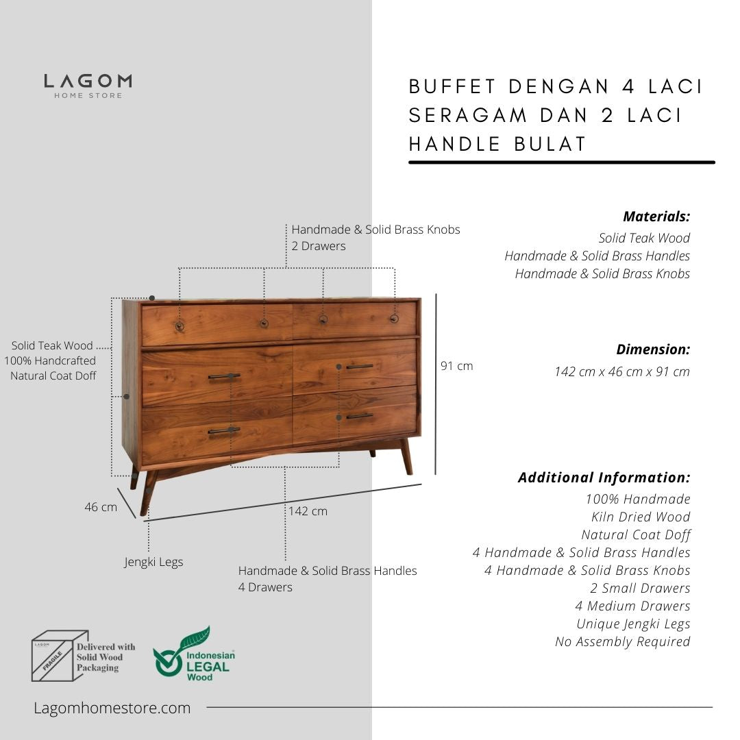 Bufet Minimalis dengan 6 Laci Penyimpanan Dresser Cabinet Lagom Home Store Jati Furnitur Teak Furniture Jakarta