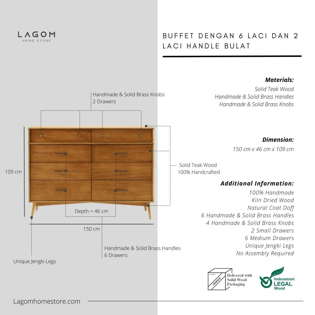 Buffet dengan 6 Laci dan 2 Laci Handle Bulat Dresser Cabinet Lagom Home Store Jati Furnitur Teak Furniture Jakarta