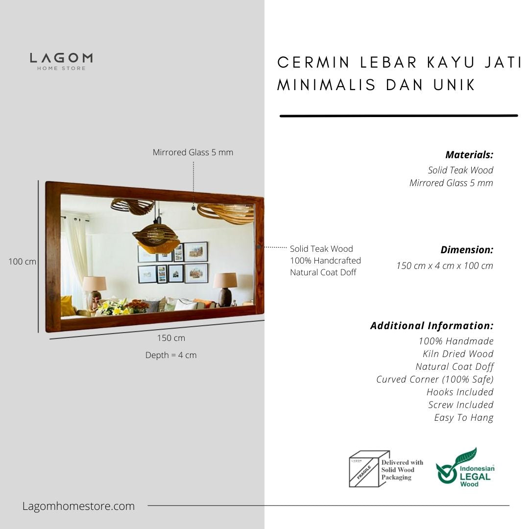 Cermin Besar dengan Bingkai Kayu Jati - Tinggi 100 cm Mirror Lagom Home Store Jati Furnitur Teak Furniture Jakarta