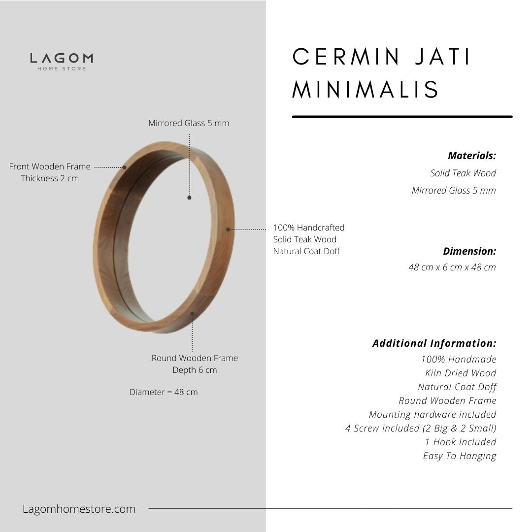 Cermin Bulat Minimalis dengan Bahan Kayu Jati Solid - Tinggi 48 cm Mirror Lagom Home Store Jati Furnitur Teak Furniture Jakarta