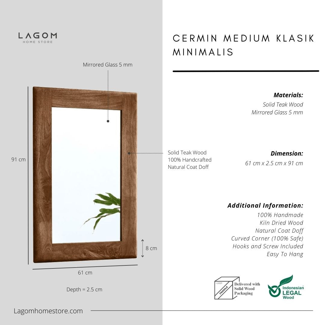 Cermin Dinding Minimalis Material Kayu Jati Solid - Tinggi 91 cm Mirror Lagom Home Store Jati Furnitur Teak Furniture Jakarta
