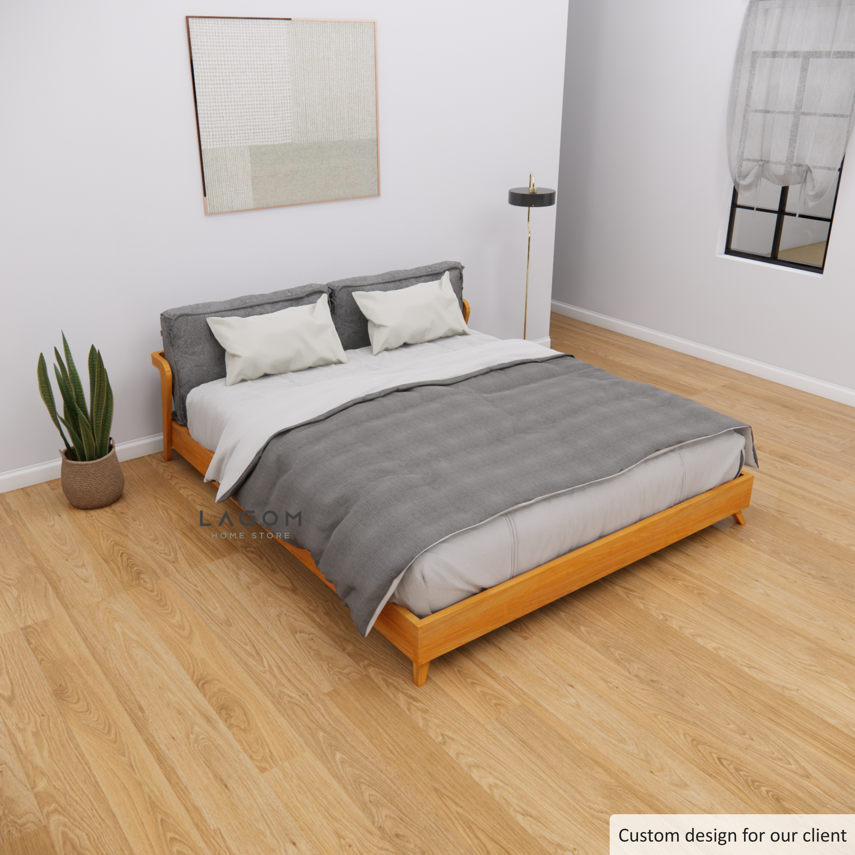 Custom-Made | Elegant Teak Bed Frame with Removable Cushion Headboard 194 cm x 228 cm x 60 cm (Mattress 180 cm x 200 cm) Bed Frame Lagom Home Store Jati Furnitur Teak Furniture Jakarta