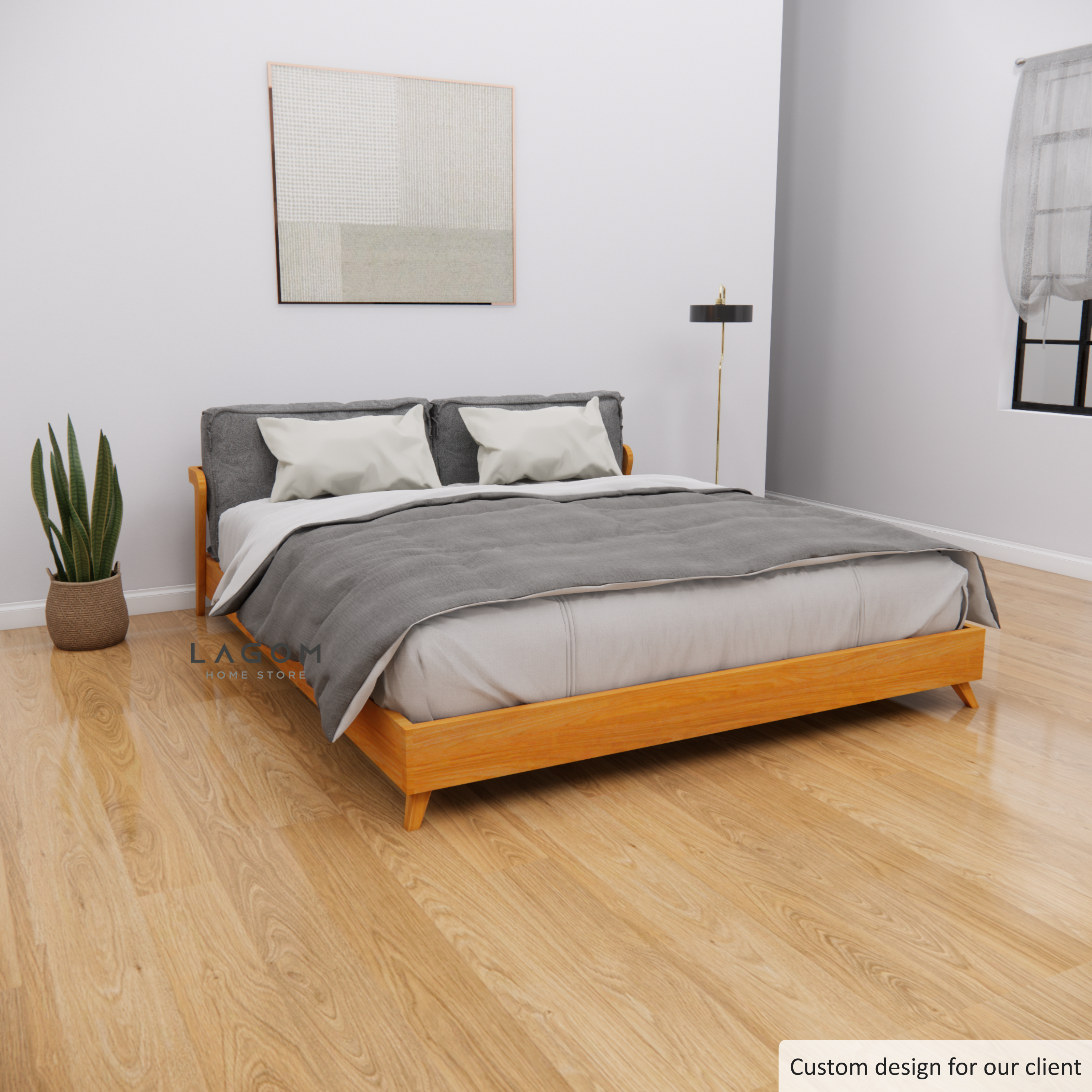 Custom-Made | Elegant Teak Bed Frame with Removable Cushion Headboard 194 cm x 228 cm x 60 cm (Mattress 180 cm x 200 cm) Bed Frame Lagom Home Store Jati Furnitur Teak Furniture Jakarta