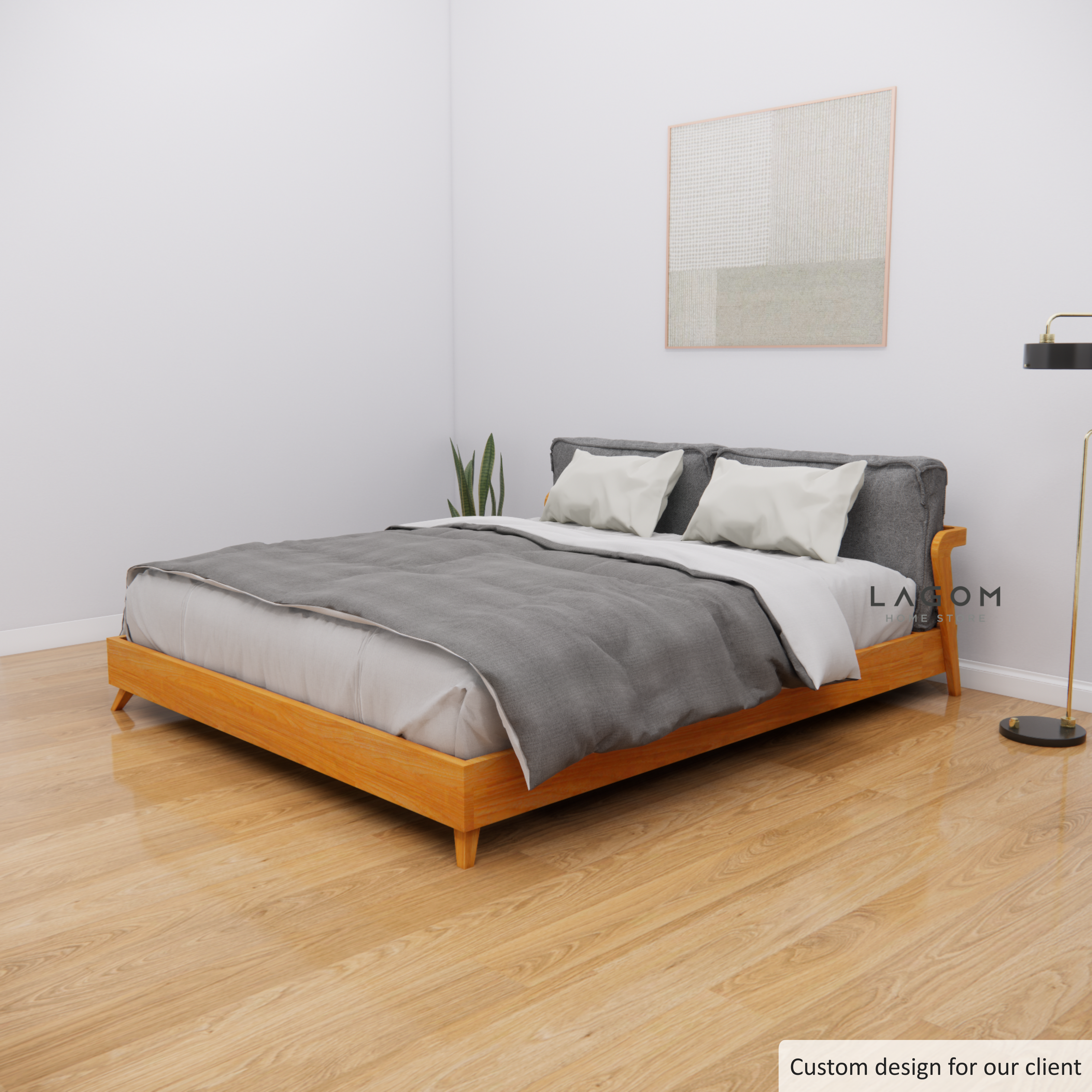 Custom-Made | Elegant Teak Bed Frame with Removable Cushion Headboard 194 cm x 228 cm x 60 cm (Mattress 180 cm x 200 cm) Bed Frame Lagom Home Store Jati Furnitur Teak Furniture Jakarta