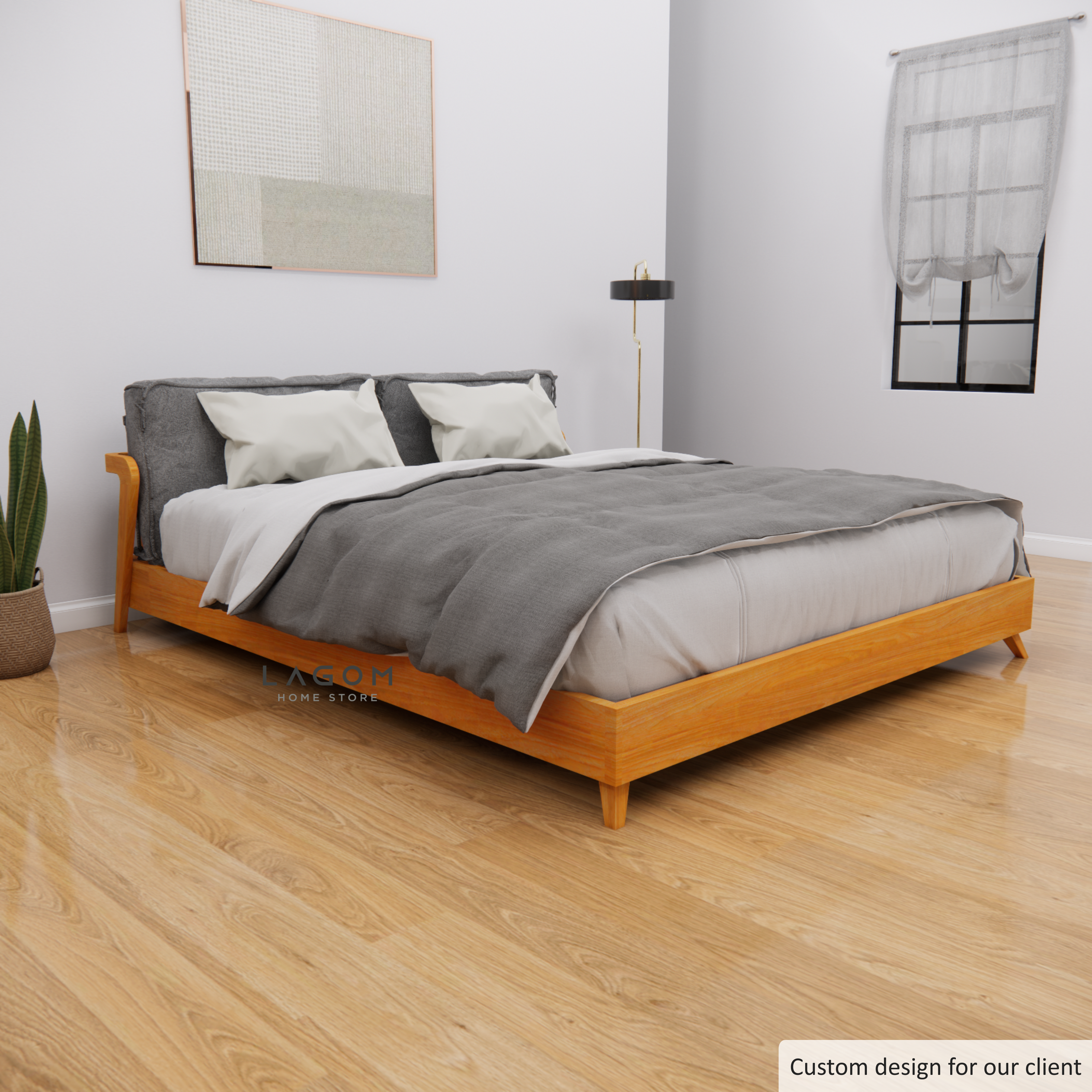 Custom-Made | Elegant Teak Bed Frame with Removable Cushion Headboard 194 cm x 228 cm x 60 cm (Mattress 180 cm x 200 cm) Bed Frame Lagom Home Store Jati Furnitur Teak Furniture Jakarta