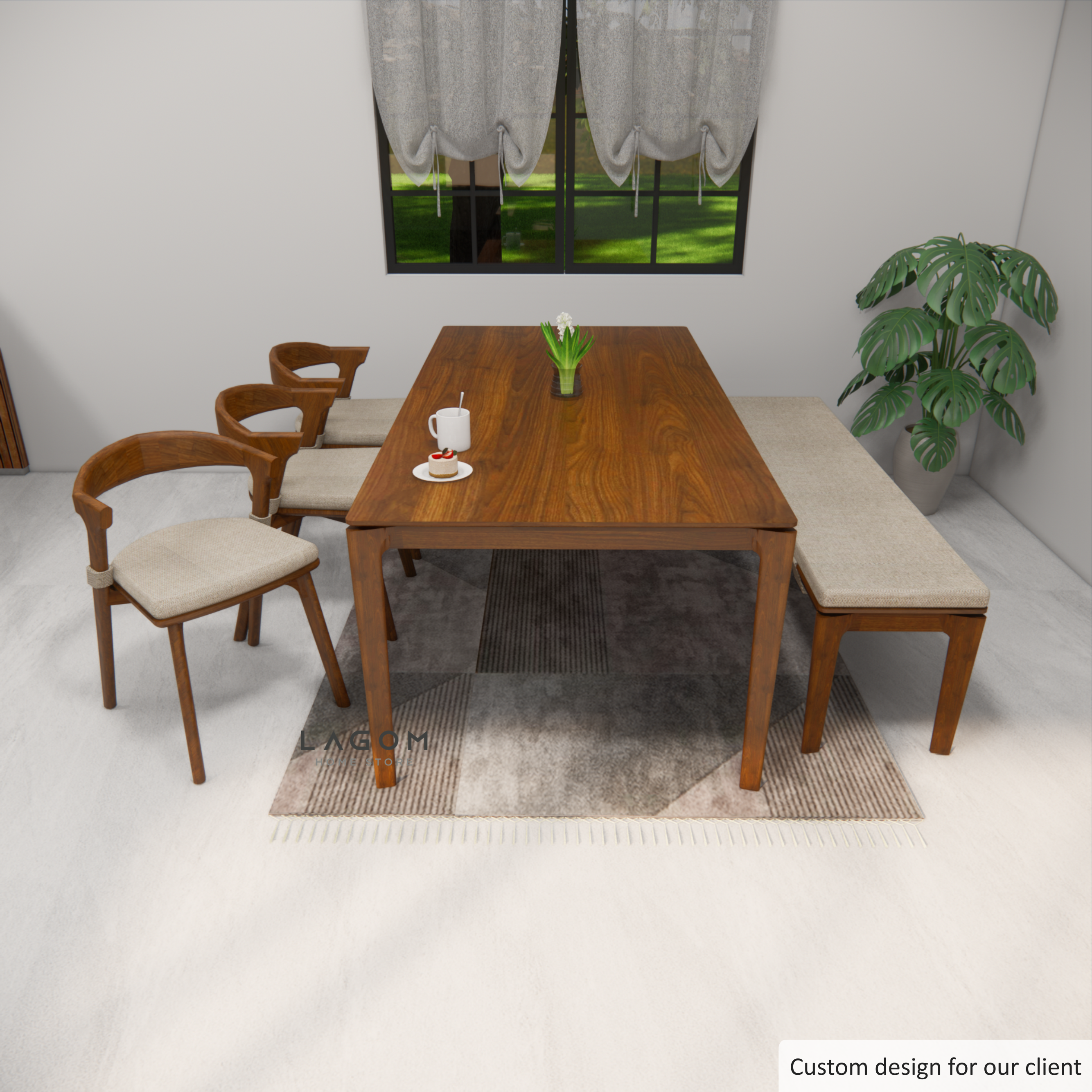 Custom-Made | Exclusive Teak Wood Dining Set with 3 Chairs and 1 Bench Dining Set Lagom Home Store Jati Furnitur Teak Furniture Jakarta
