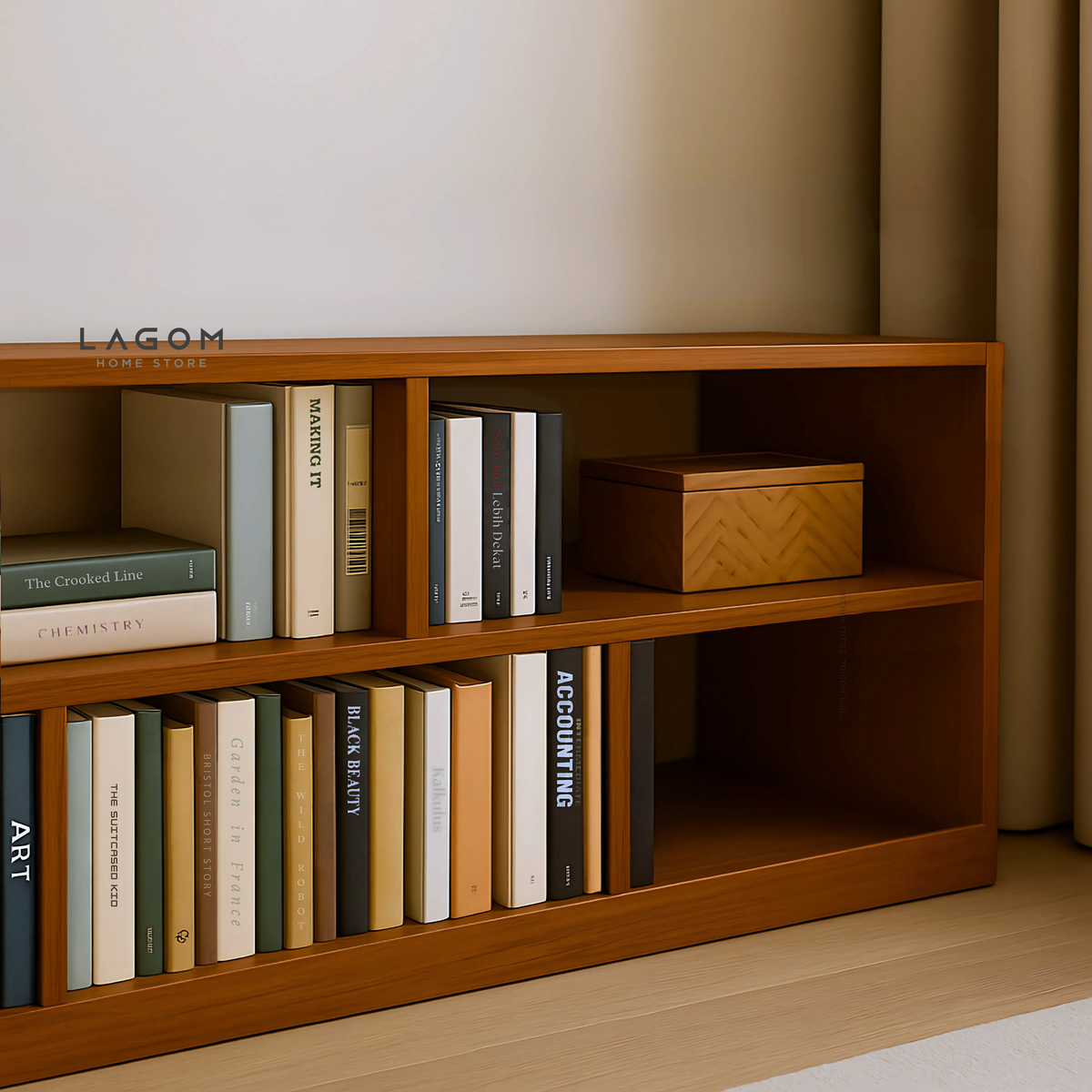 Custom-Made | Lowline Teak Open Shelf with 8 Sections Bookshelves Lagom Home Store Jati Furnitur Teak Furniture Jakarta
