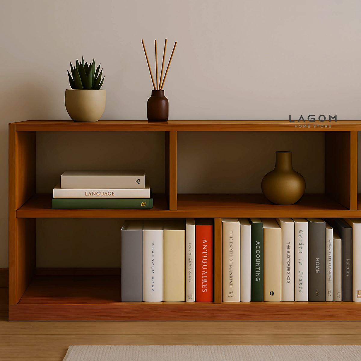 Custom-Made | Lowline Teak Open Shelf with 8 Sections Bookshelves Lagom Home Store Jati Furnitur Teak Furniture Jakarta