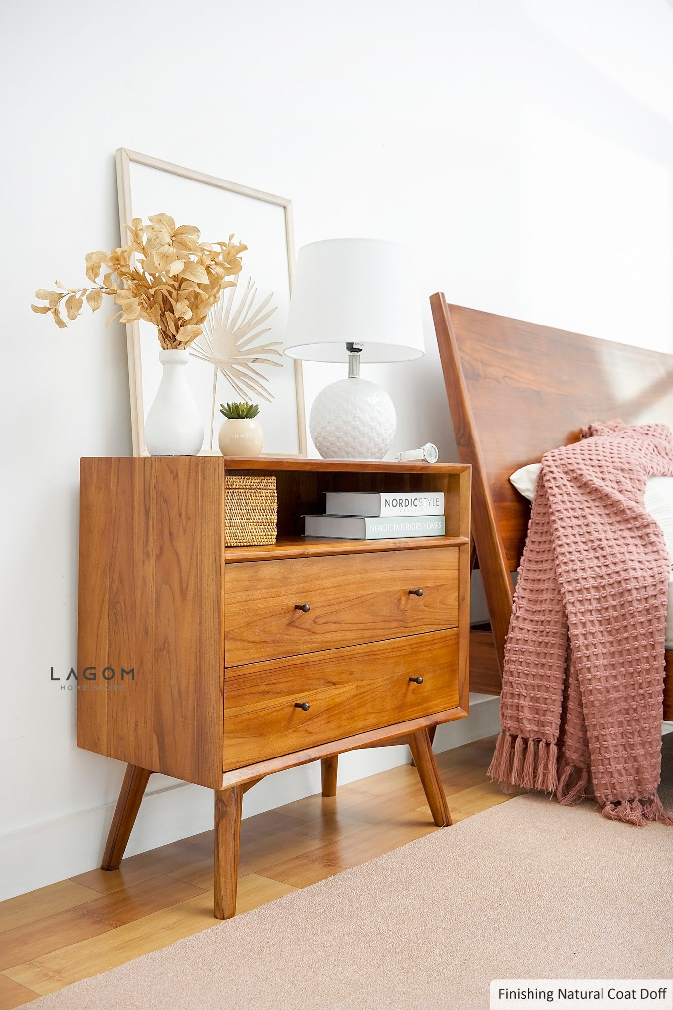 Teak Wood Bedside with Open Shelf and Drawers