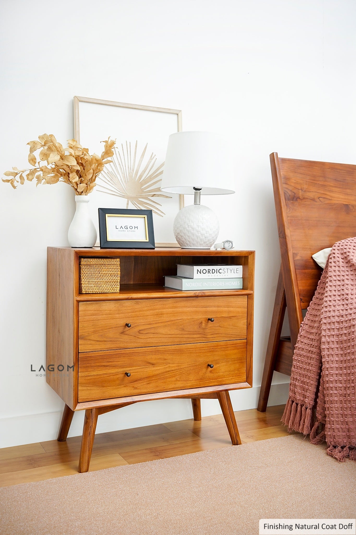 Teak Wood Bedside with Open Shelf and Drawers