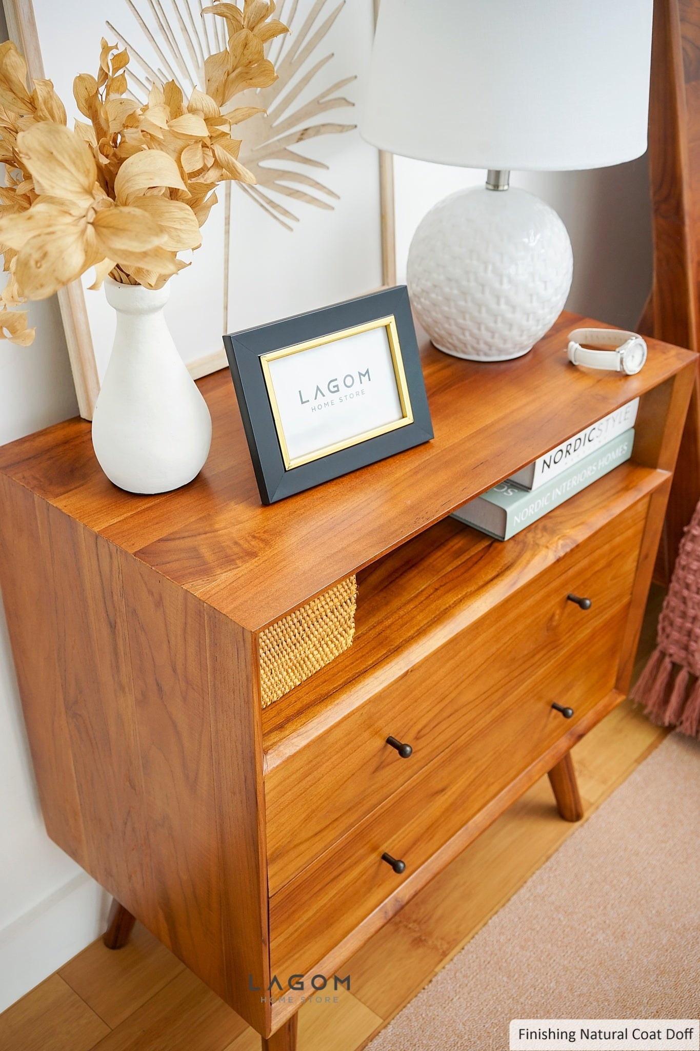Teak Wood Bedside with Open Shelf and Drawers