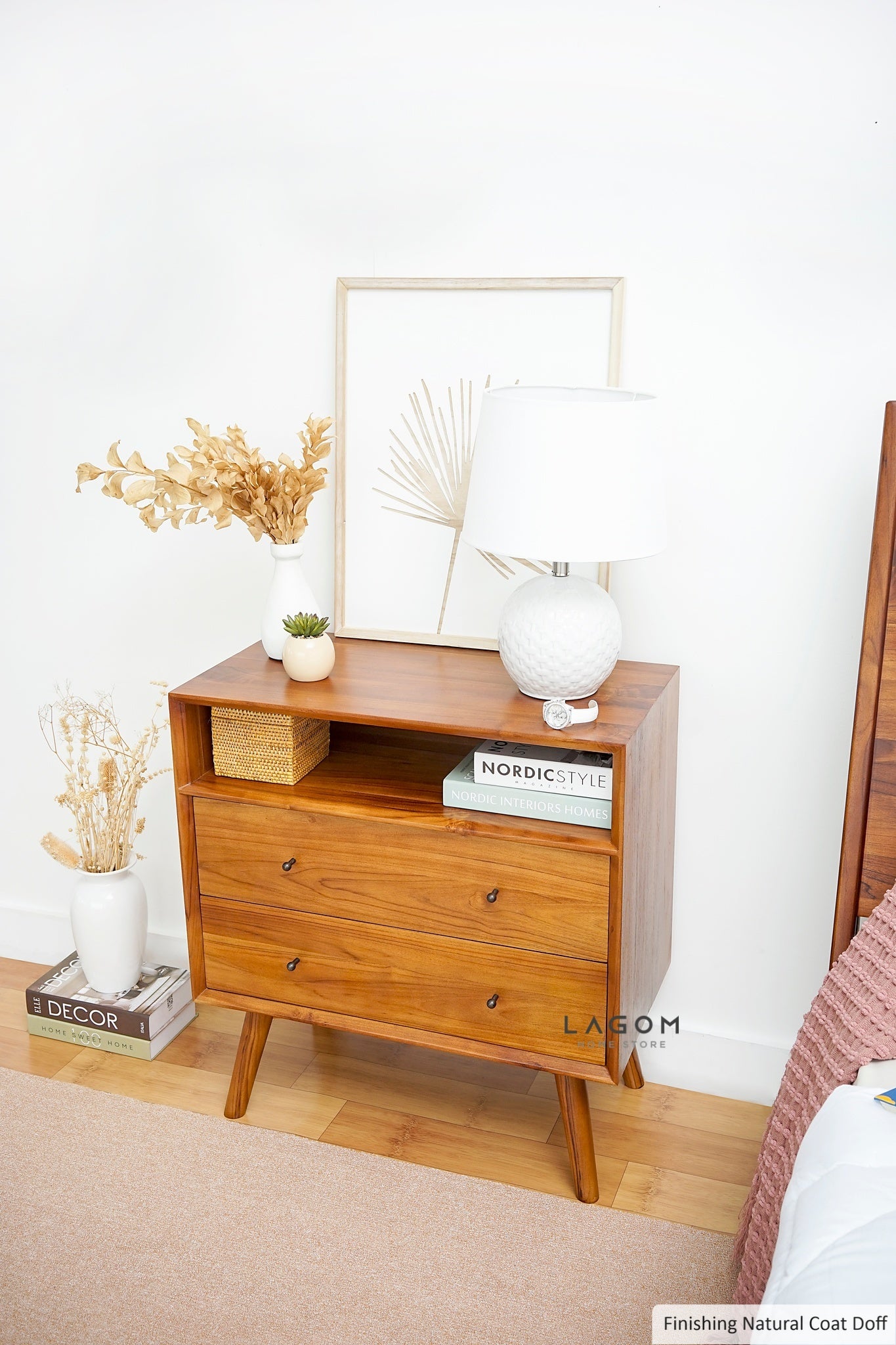 Teak Wood Bedside with Open Shelf and Drawers