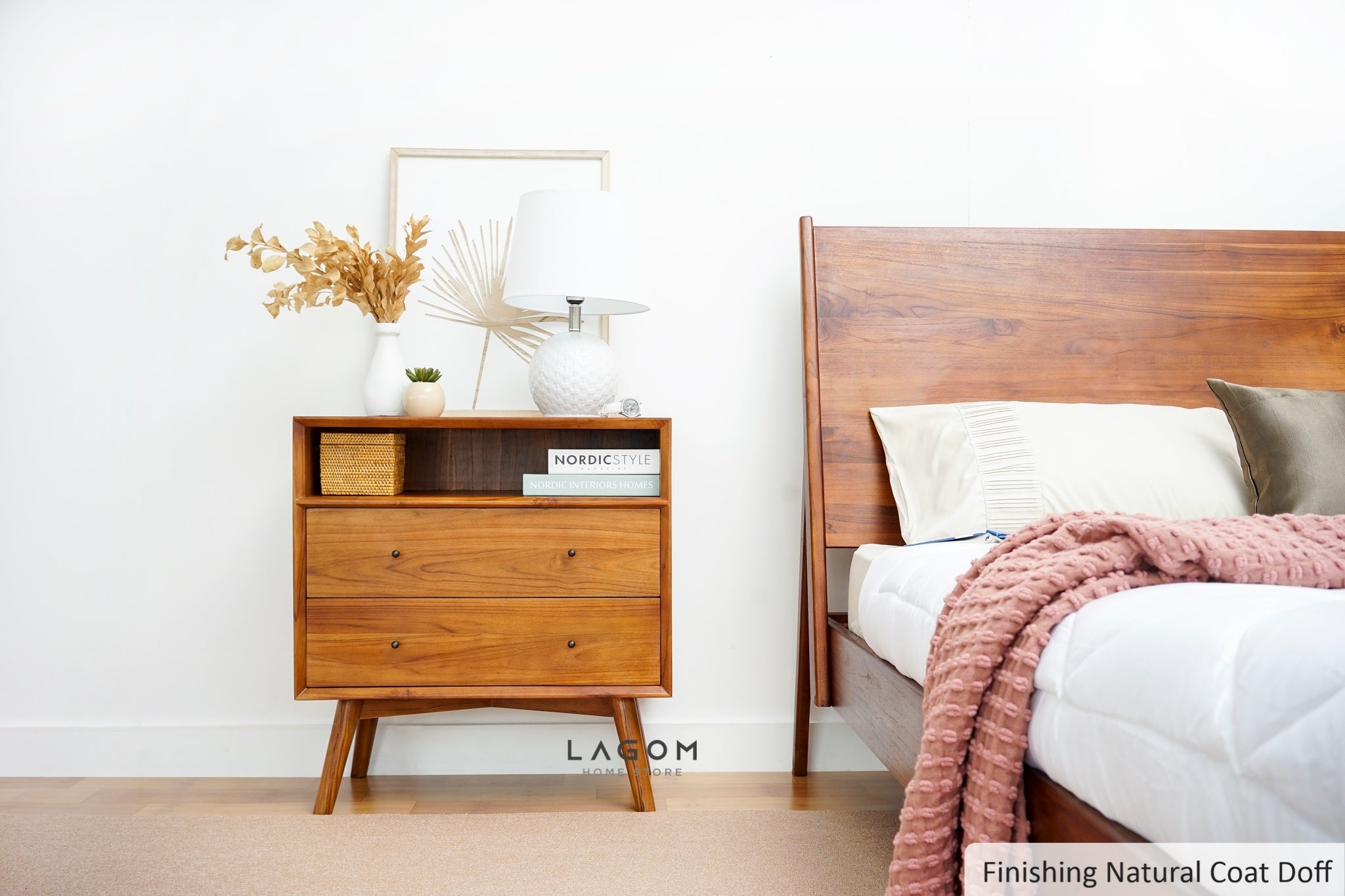 Teak Wood Bedside with Open Shelf and Drawers