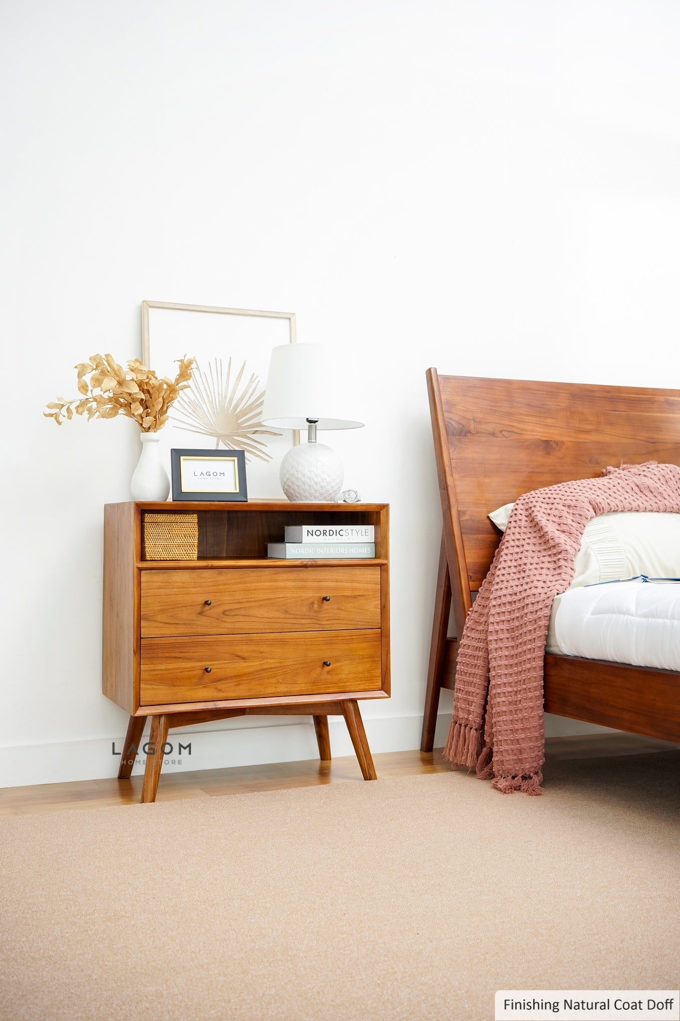 Teak Wood Bedside with Open Shelf and Drawers
