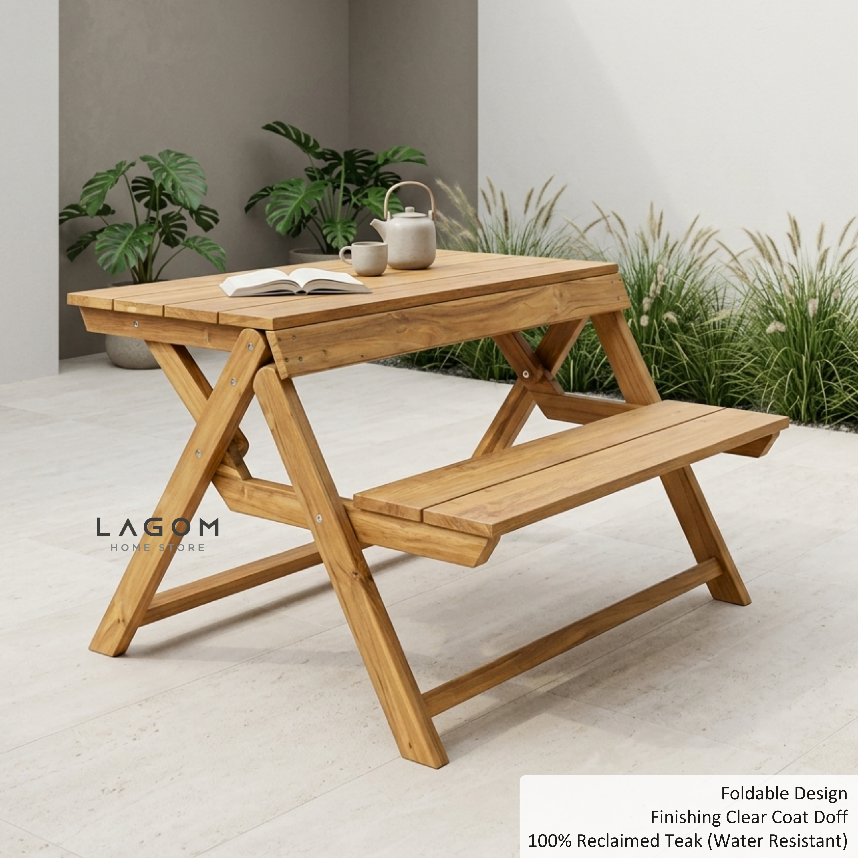 Foldable Outdoor Table with Built-In Bench — Quality Reclaimed Teak Wood Outdoor Table Set Lagom Home Store Jati Furnitur Teak Furniture Jakarta