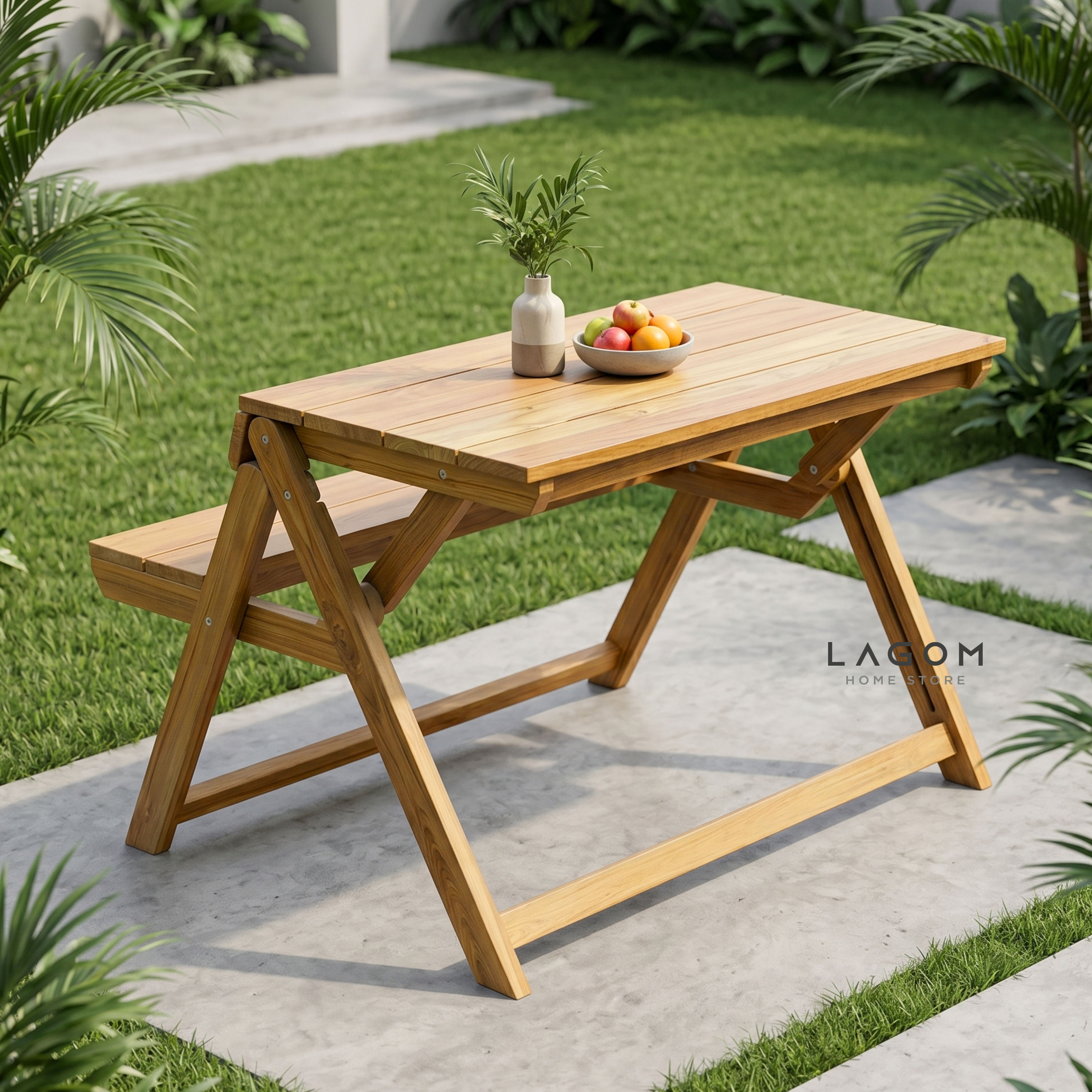 Foldable Outdoor Table with Built-In Bench — Quality Reclaimed Teak Wood Outdoor Table Set Lagom Home Store Jati Furnitur Teak Furniture Jakarta
