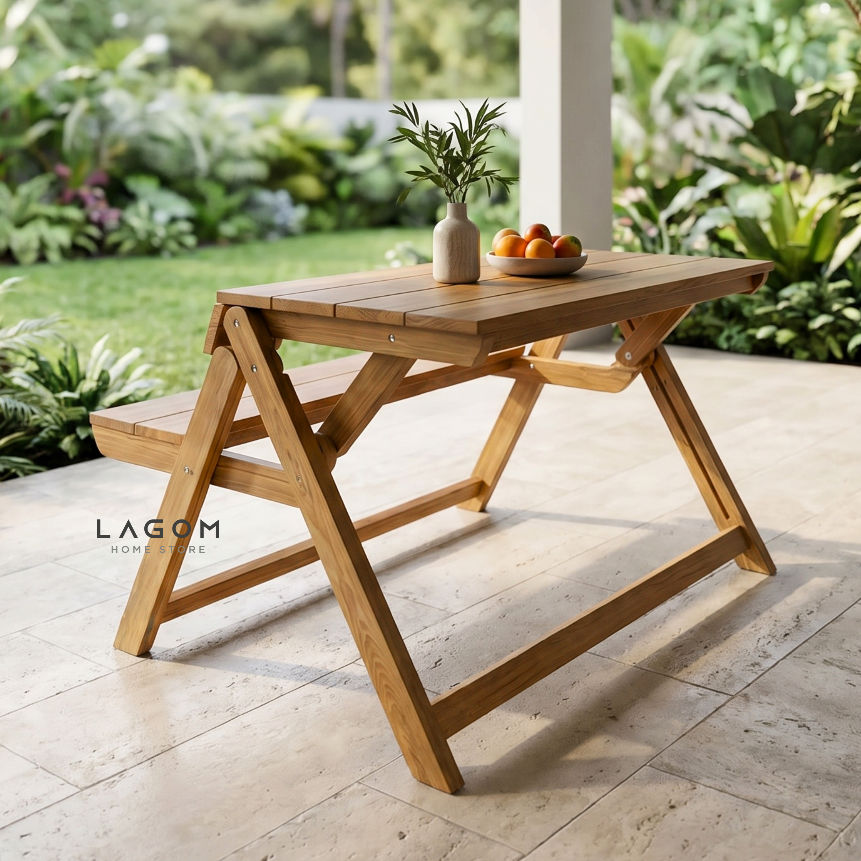 Foldable Outdoor Table with Built-In Bench — Quality Reclaimed Teak Wood Outdoor Table Set Lagom Home Store Jati Furnitur Teak Furniture Jakarta