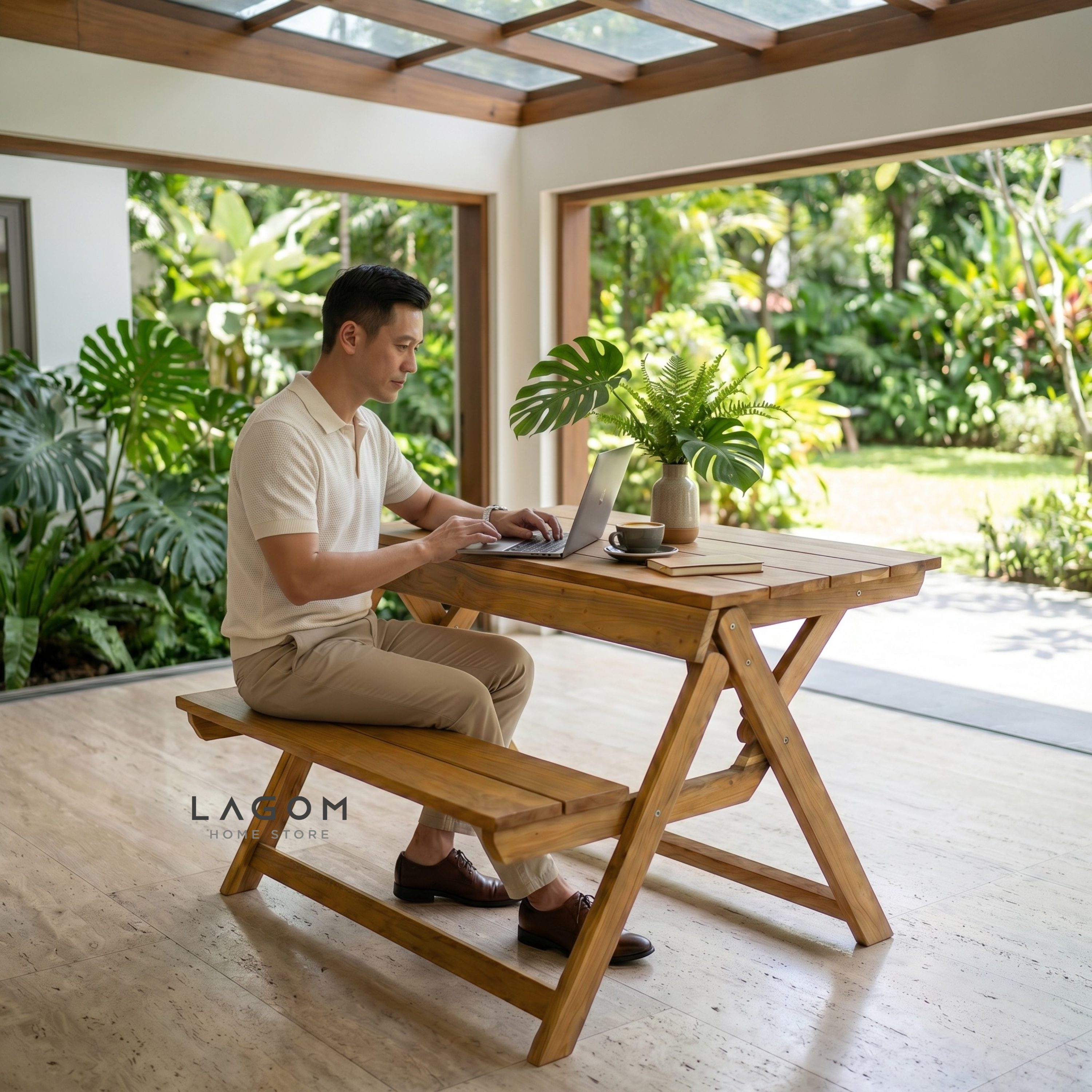 Foldable Outdoor Table with Built-In Bench — Quality Reclaimed Teak Wood Outdoor Table Set Lagom Home Store Jati Furnitur Teak Furniture Jakarta