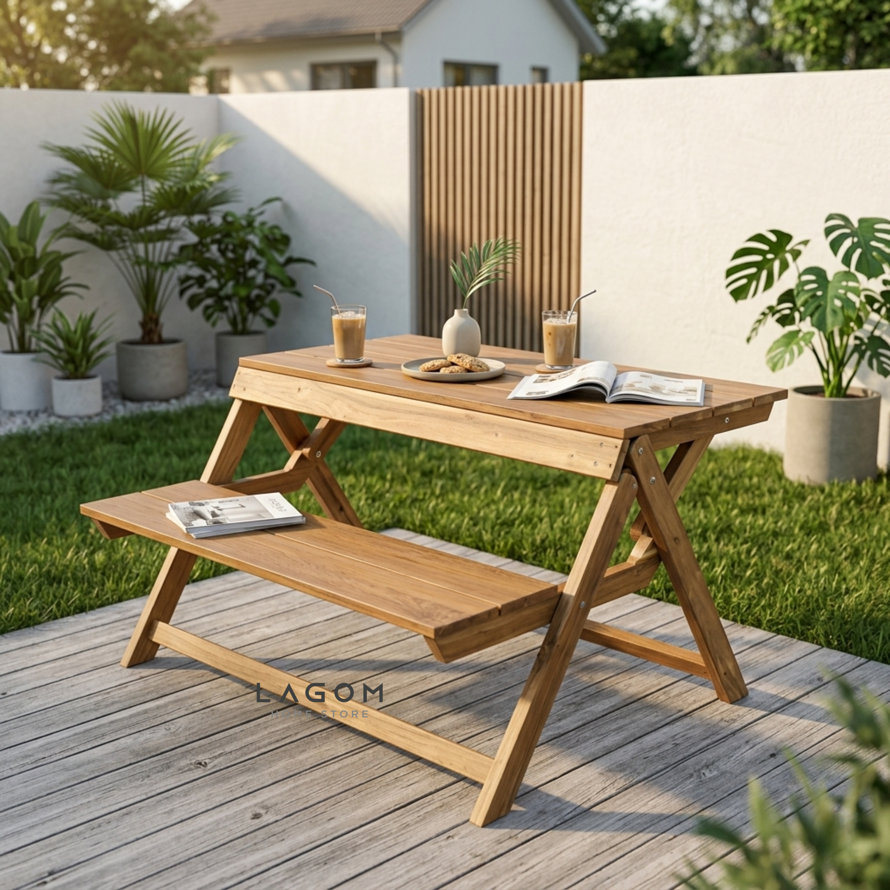 Foldable Outdoor Table with Built-In Bench — Quality Reclaimed Teak Wood Outdoor Table Set Lagom Home Store Jati Furnitur Teak Furniture Jakarta