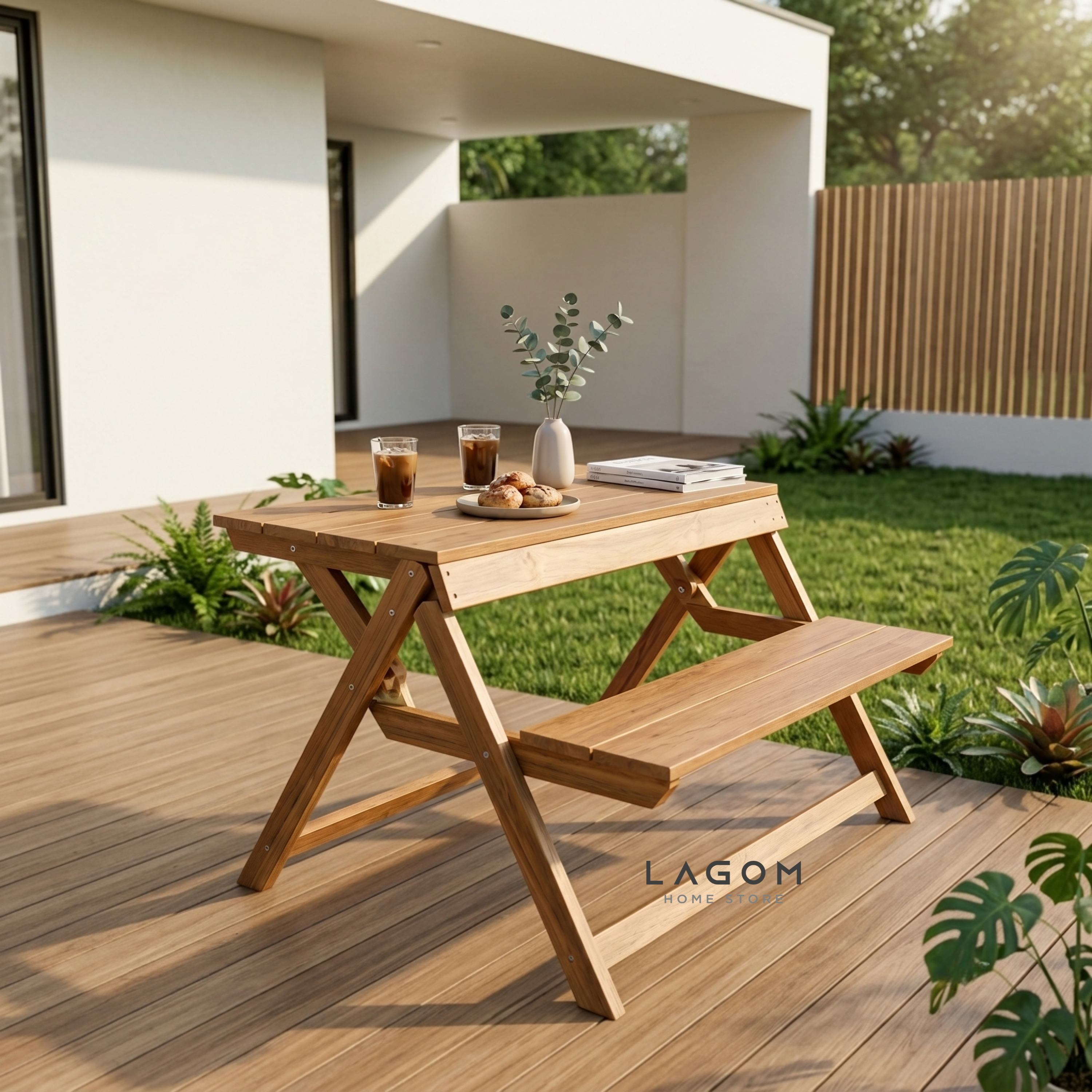 Foldable Outdoor Table with Built-In Bench — Quality Reclaimed Teak Wood Outdoor Table Set Lagom Home Store Jati Furnitur Teak Furniture Jakarta
