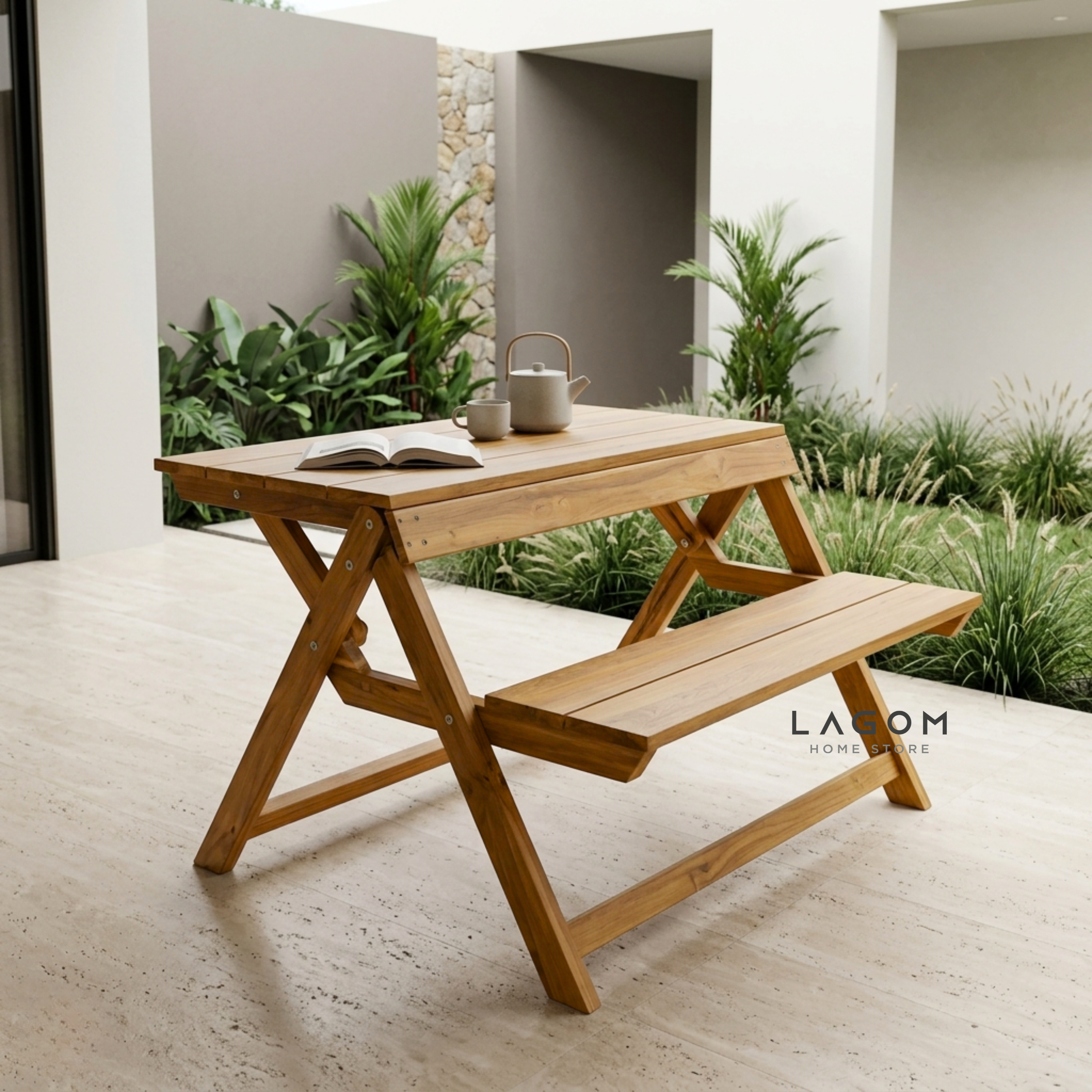 Foldable Outdoor Table with Built-In Bench — Quality Reclaimed Teak Wood Outdoor Table Set Lagom Home Store Jati Furnitur Teak Furniture Jakarta