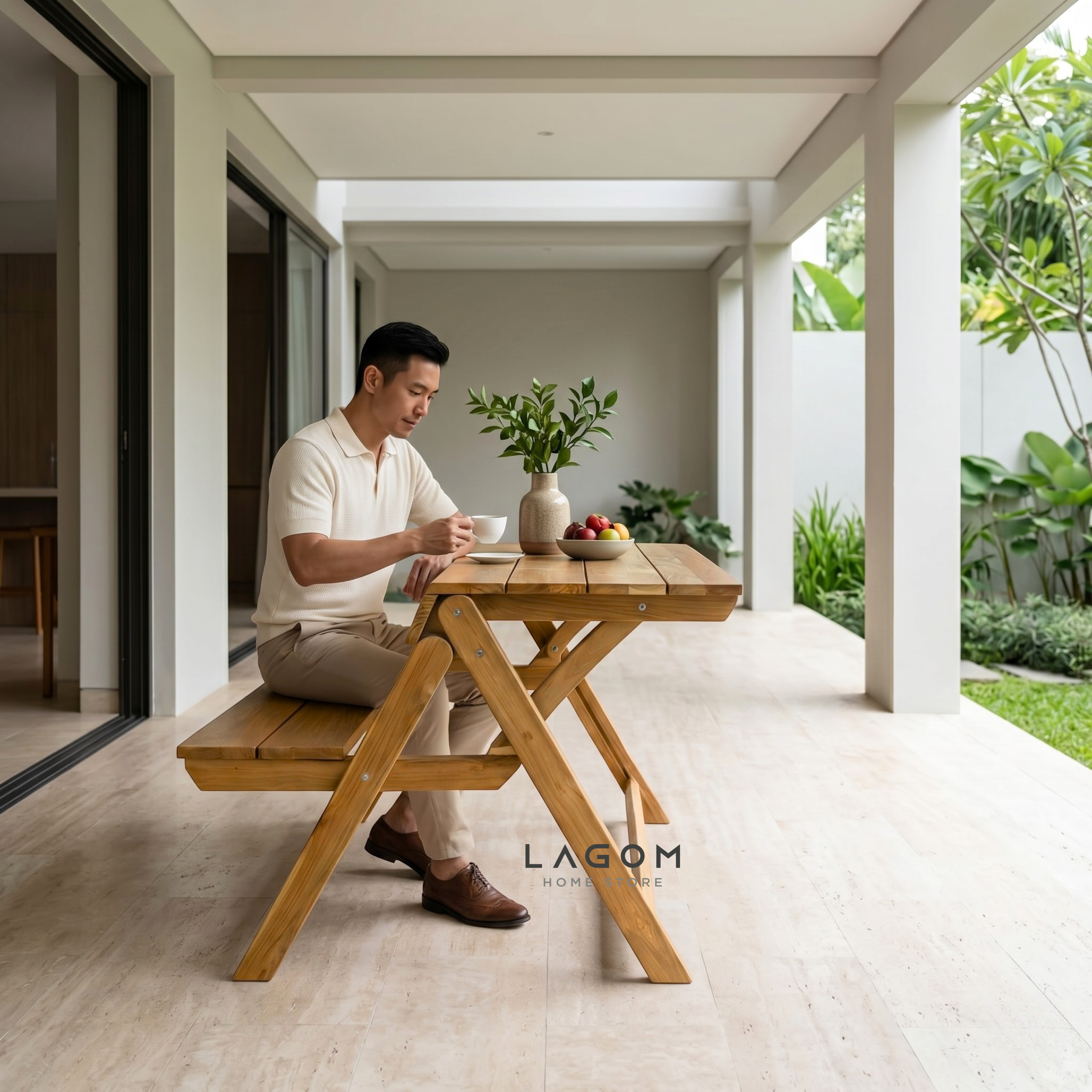 Foldable Outdoor Table with Built-In Bench — Quality Reclaimed Teak Wood Outdoor Table Set Lagom Home Store Jati Furnitur Teak Furniture Jakarta