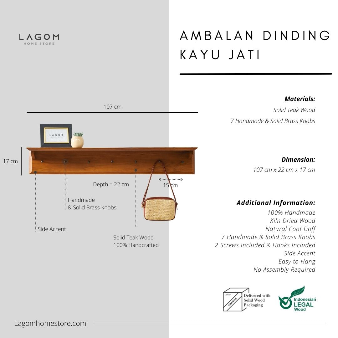 Gantungan Dinding dengan Ambalan Atas dari Kayu Jati Solid Wall Coat Hanger Lagom Home Store Jati Furnitur Teak Furniture Jakarta