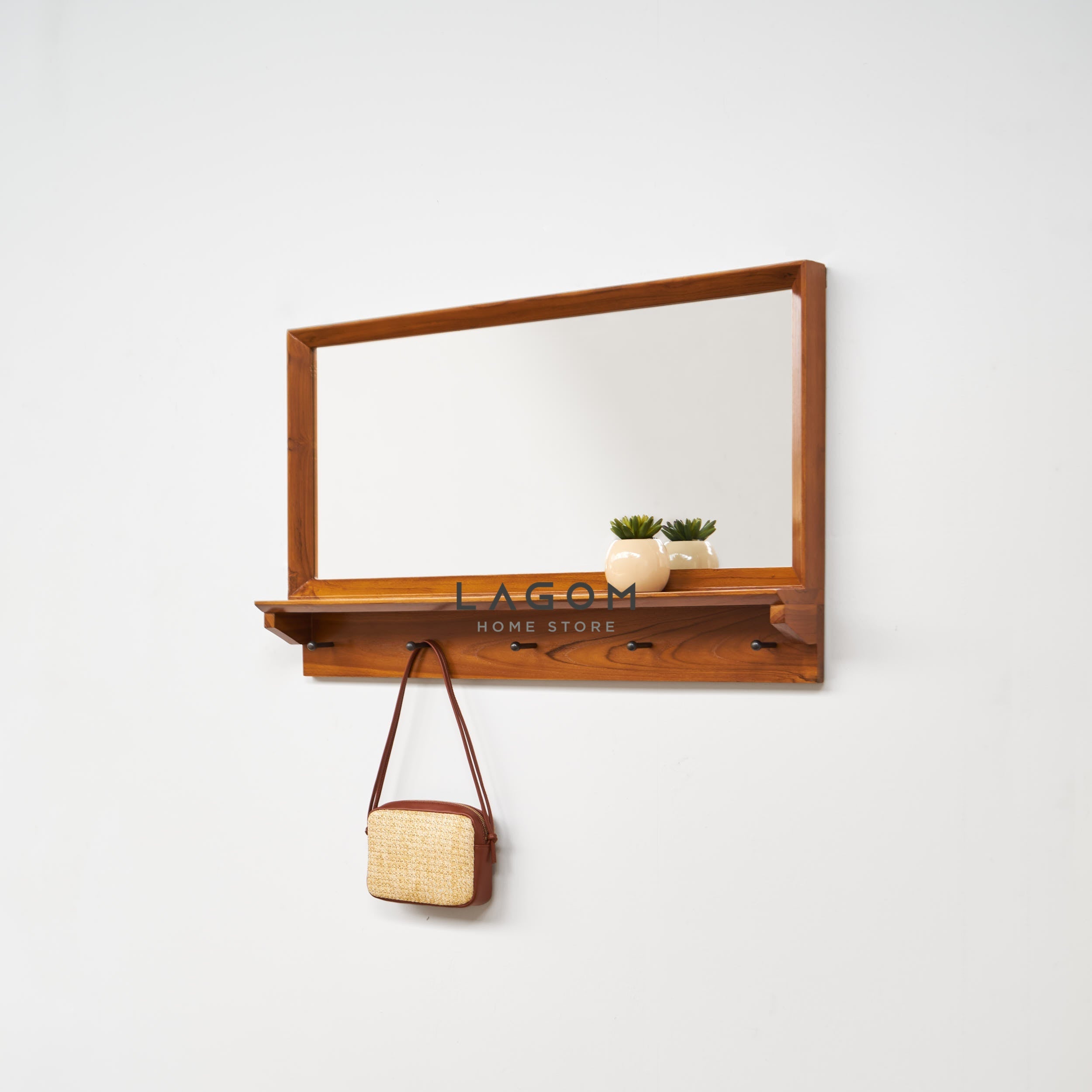Gantungan Dinding Jati dengan Cermin dan Ambalan Kecil Wall Coat Hanger Lagom Home Store Jati Furnitur Teak Furniture Jakarta