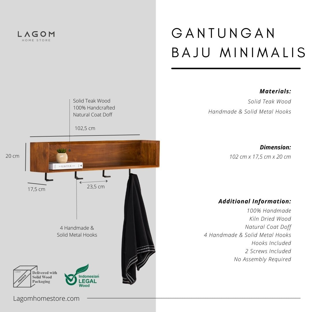 Gantungan Dinding untuk Pakaian dengan Rak Pajangan Wall Coat Hanger Lagom Home Store Jati Furnitur Teak Furniture Jakarta