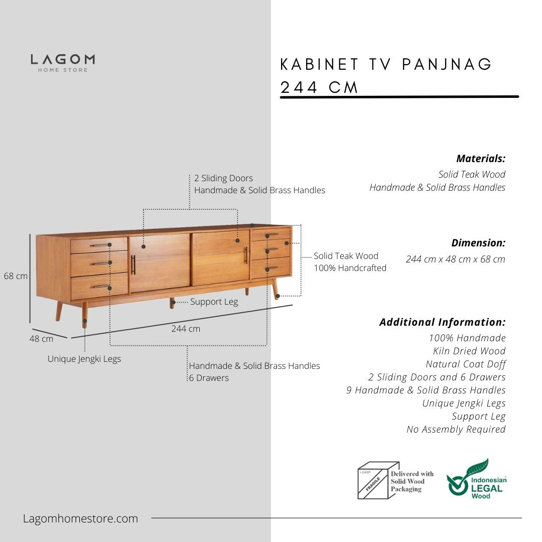 Kabinet TV Panjang 244 cm Material Kayu Jati Solid TV Cabinet Lagom Home Store Jati Furnitur Teak Furniture Jakarta