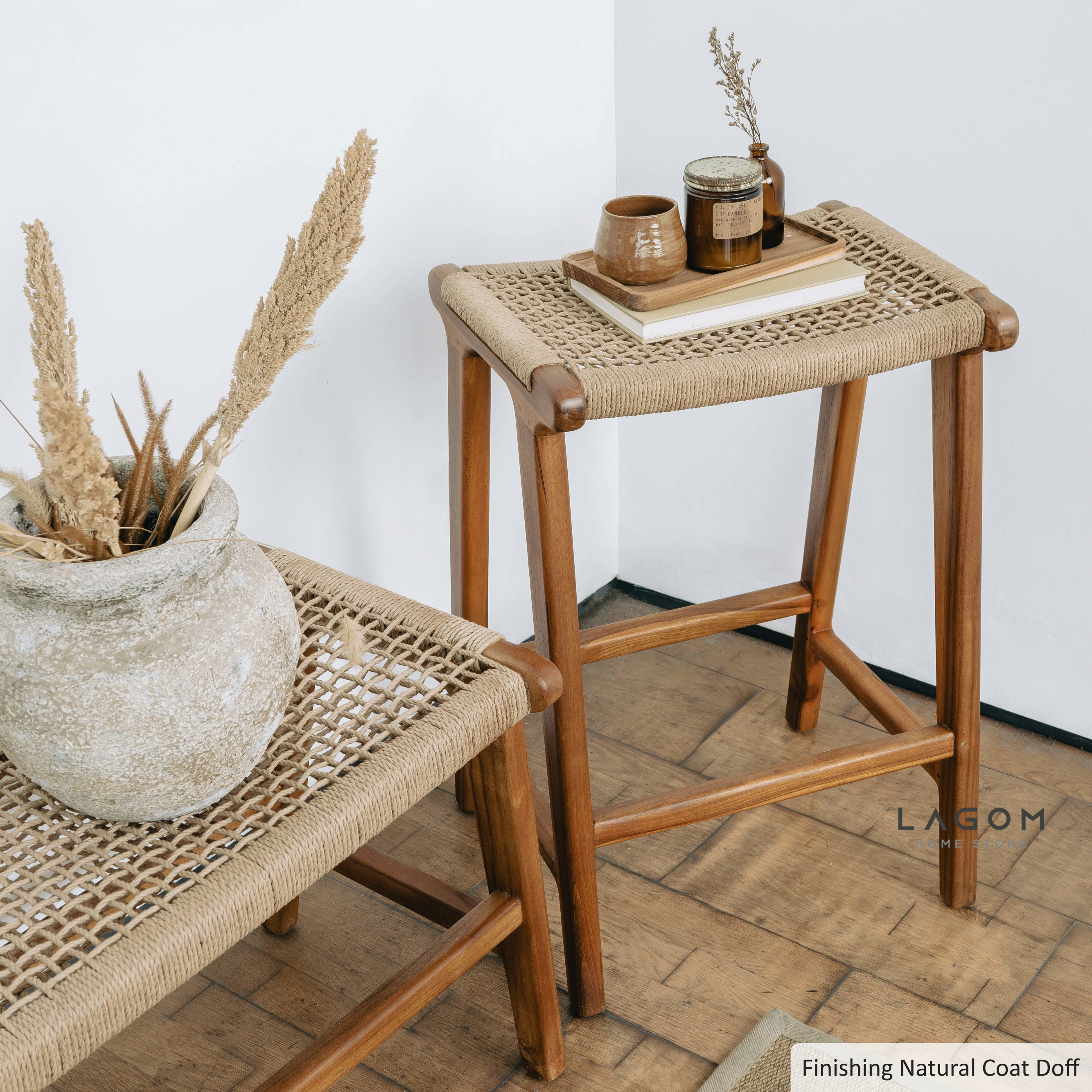 Kursi Bar/Bar Stool Kayu Jati dengan Handmade Loom Bar Stool Lagom Home Store Jati Furnitur Teak Furniture Jakarta