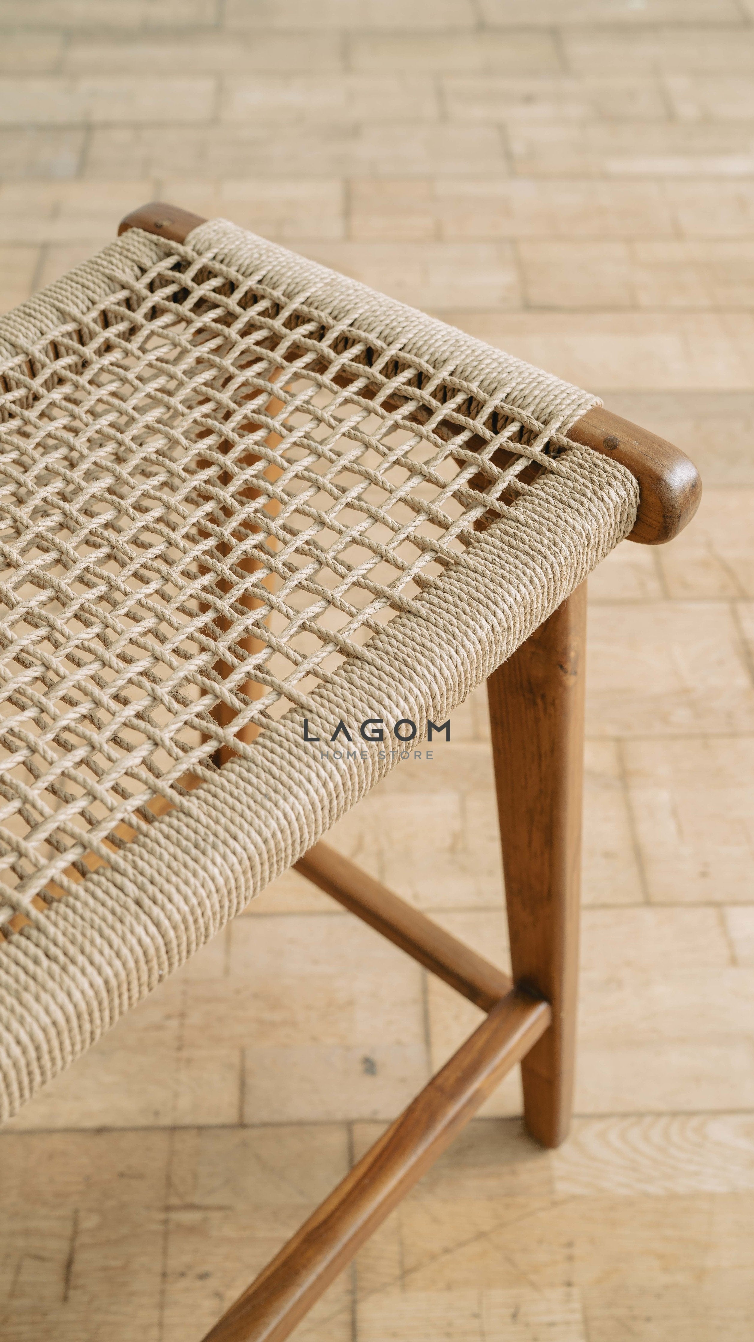 Kursi Cafe/Bar Kayu Jati Minimalis dengan Handmade Loom Bar Stool Lagom Home Store Jati Furnitur Teak Furniture Jakarta