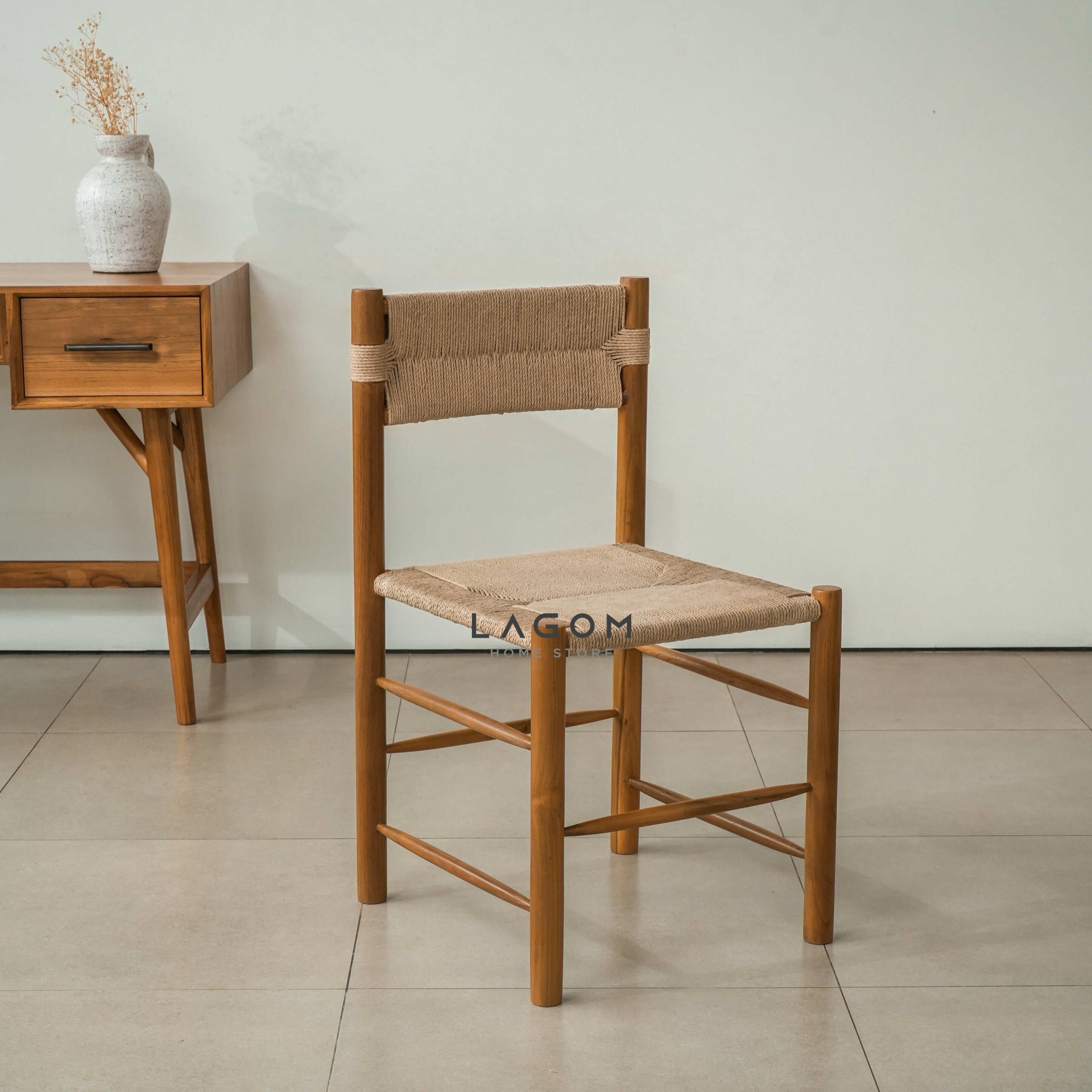 Kursi Kerja dan Makan Kayu Jati Solid dengan Material Loom Premium Chair Lagom Home Store Jati Furnitur Teak Furniture Jakarta