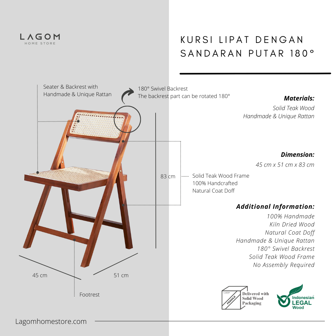 Kursi Lipat Kayu Jati dan Rotan dengan Sandaran yang Dapat Disesuaikan Chair Lagom Home Store Jati Furnitur Teak Furniture Jakarta