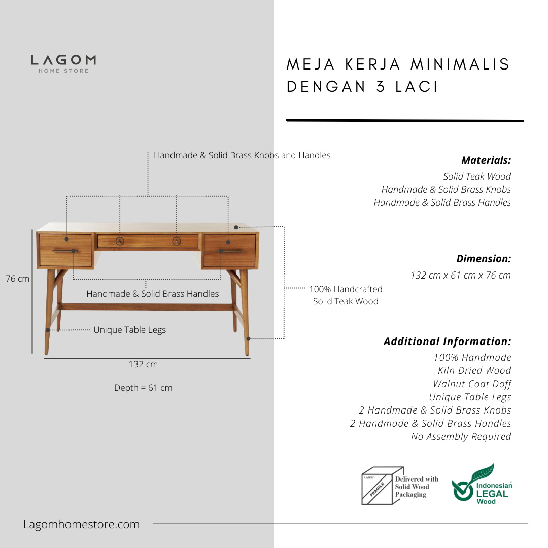 Meja Kerja 3 Laci dari Kayu Jati Solid Desk Lagom Home Store Jati Furnitur Teak Furniture Jakarta