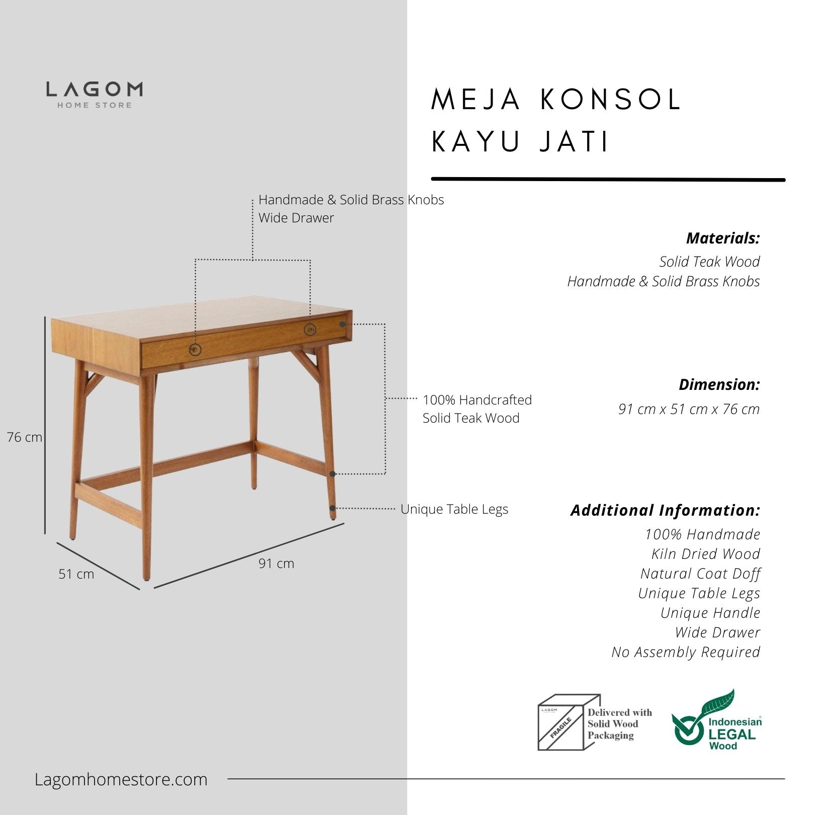 Meja Kerja Meja Belajar dengan Dua Laci dari Kayu Jati Desk Lagom Home Store Jati Furnitur Teak Furniture Jakarta
