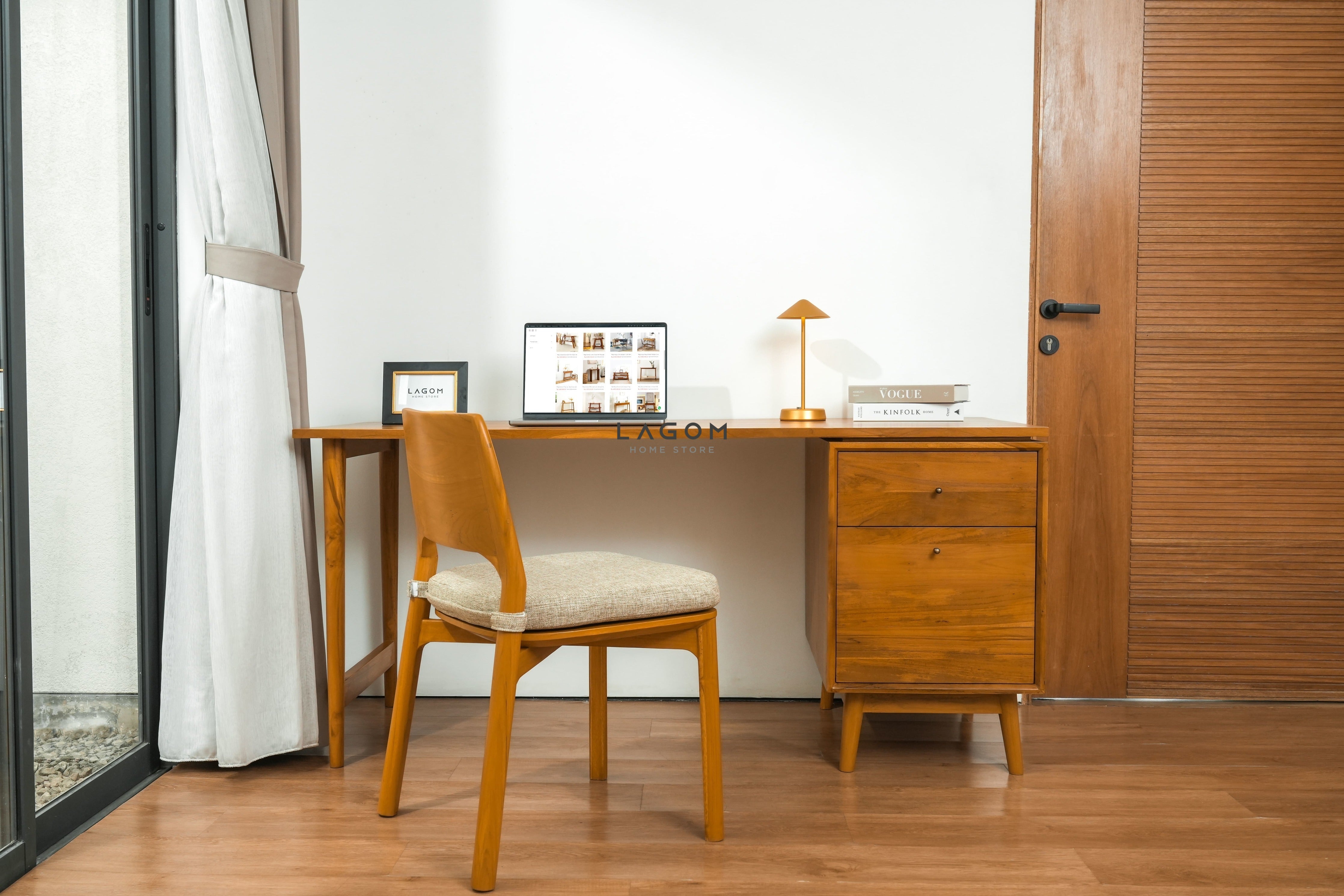 Meja Kerja Minimalis dengan 2 Laci dari Kayu Jati Solid Desk Lagom Home Store Jati Furnitur Teak Furniture Jakarta