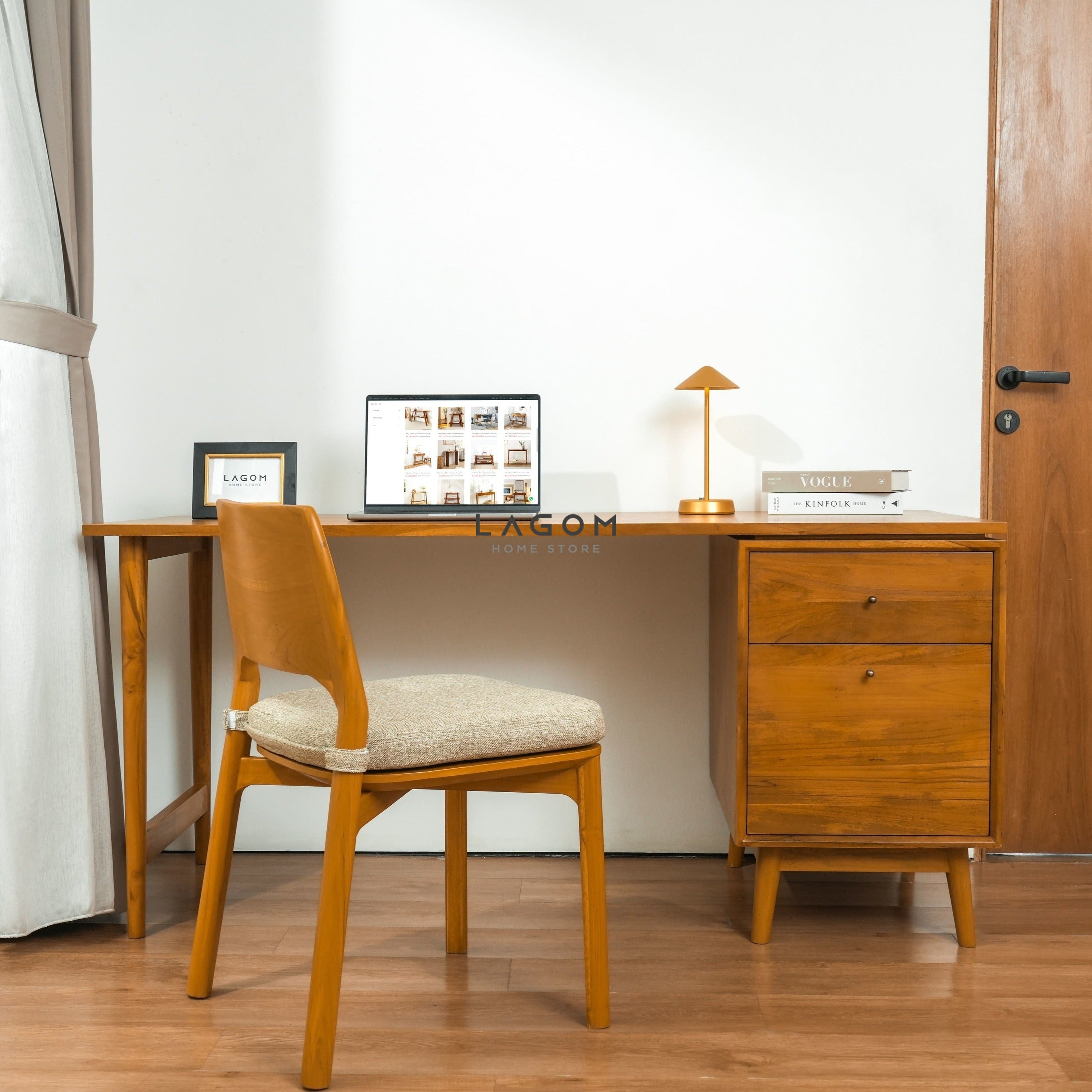 Meja Kerja Minimalis dengan 2 Laci dari Kayu Jati Solid Desk Set (Desk + Chair) Desk Lagom Home Store Jati Furnitur Teak Furniture Jakarta