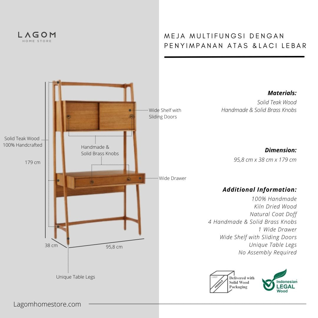 Meja Kerja Multifungsi dengan Laci dari Kayu Jati Solid Desk Lagom Home Store Jati Furnitur Teak Furniture Jakarta