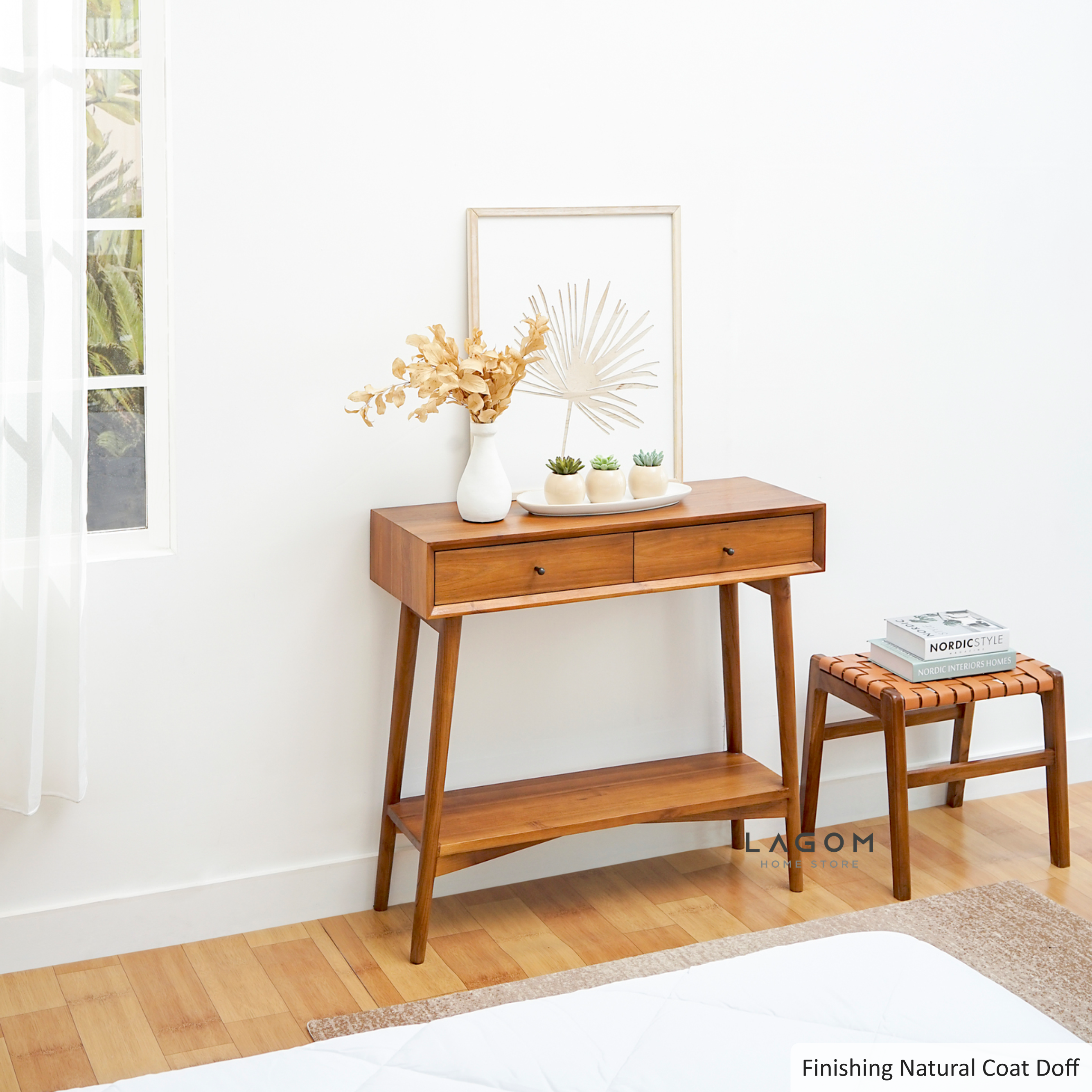 Meja Konsol Dua Laci dan Ambalan dari Kayu Jati Solid Console Table Lagom Home Store Jati Furnitur Teak Furniture Jakarta